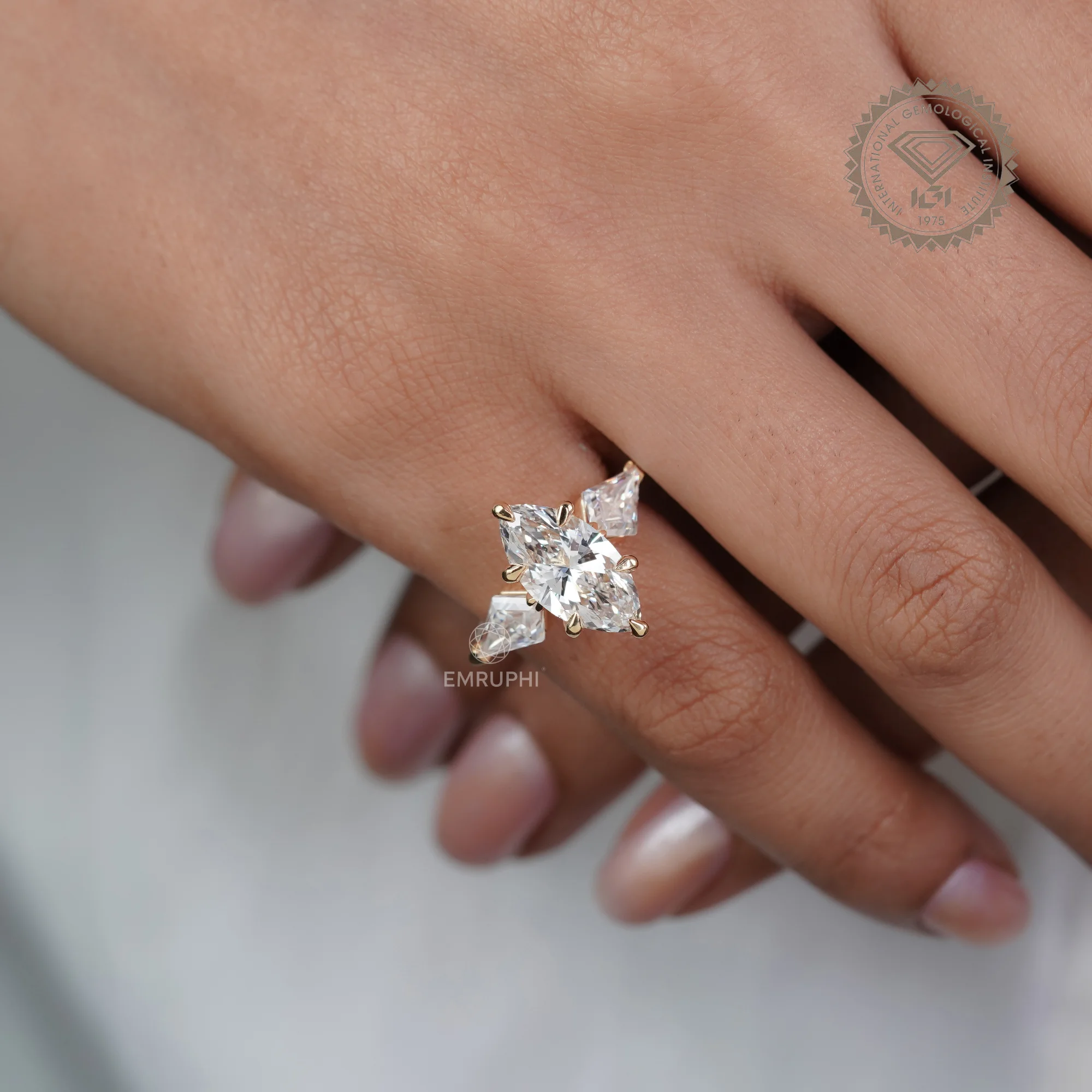 3 CT Marquise Lab Diamond Ring, Kite Side Stones, 14K Gold Wedding Ring — view 16
