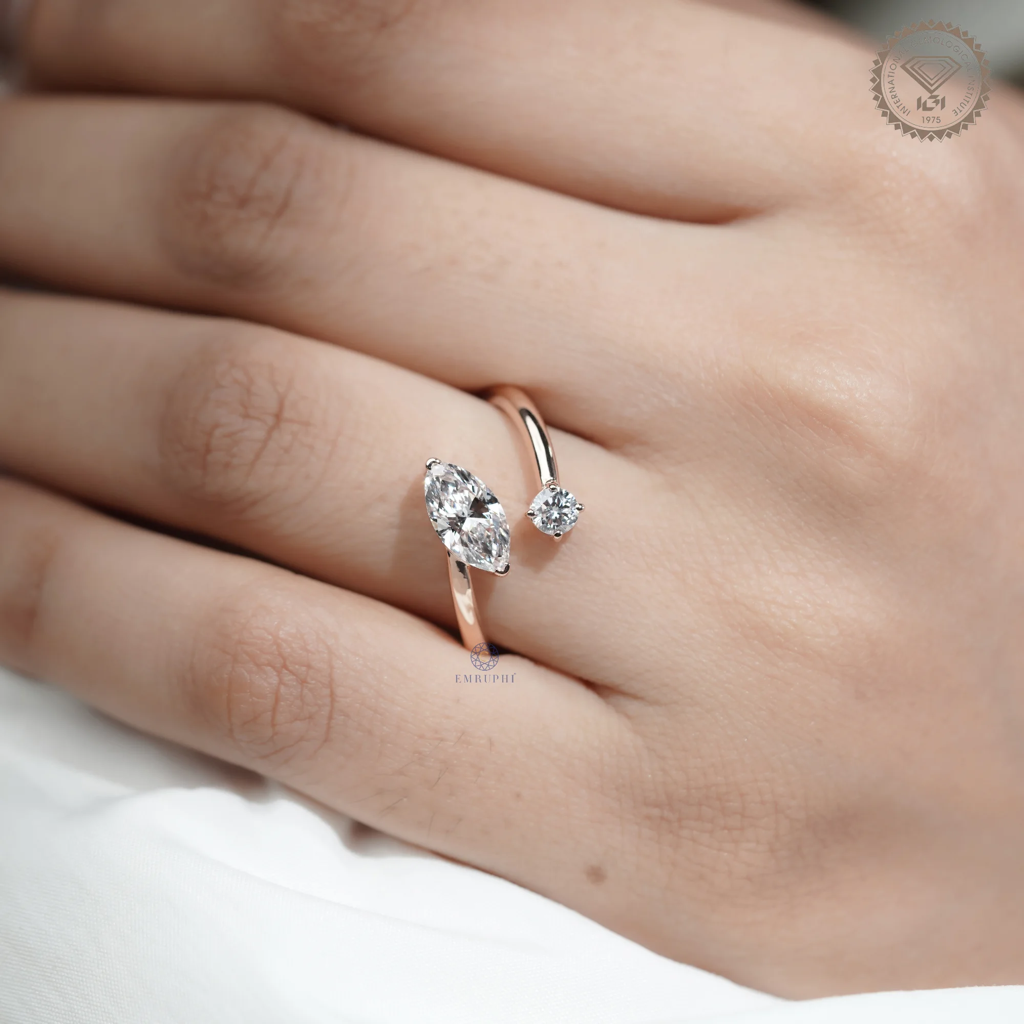 Marquise & Round Lab Grown Diamond Toi et Moi Ring, Open Wrap Engagement Ring, 14K Rose Gold Minimalist Bridal Ring — view 12