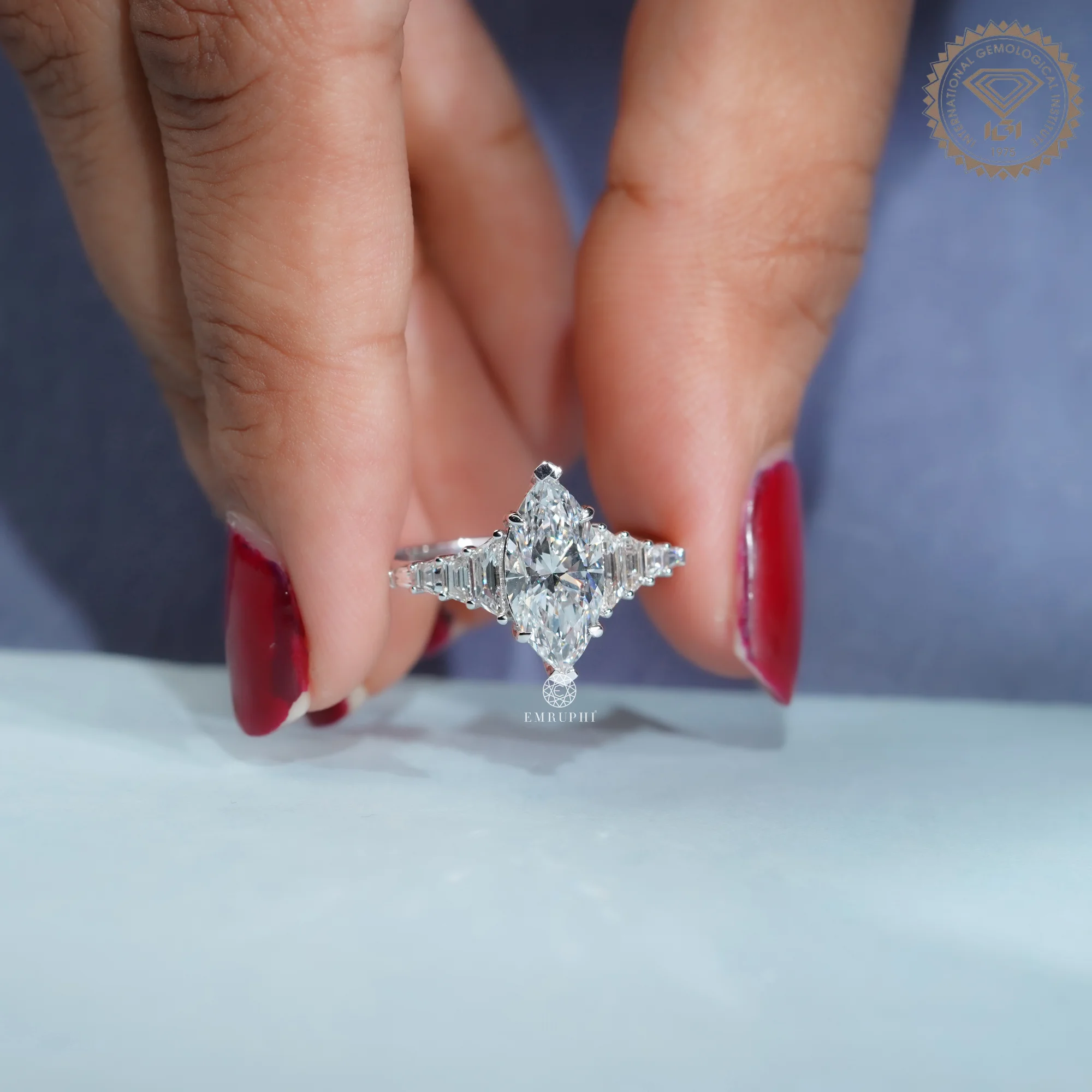 2 Carat Marquise Cut Lab Grown Diamond Engagement Ring, Art Deco Trapezoid Cut Side Stones — view 5
