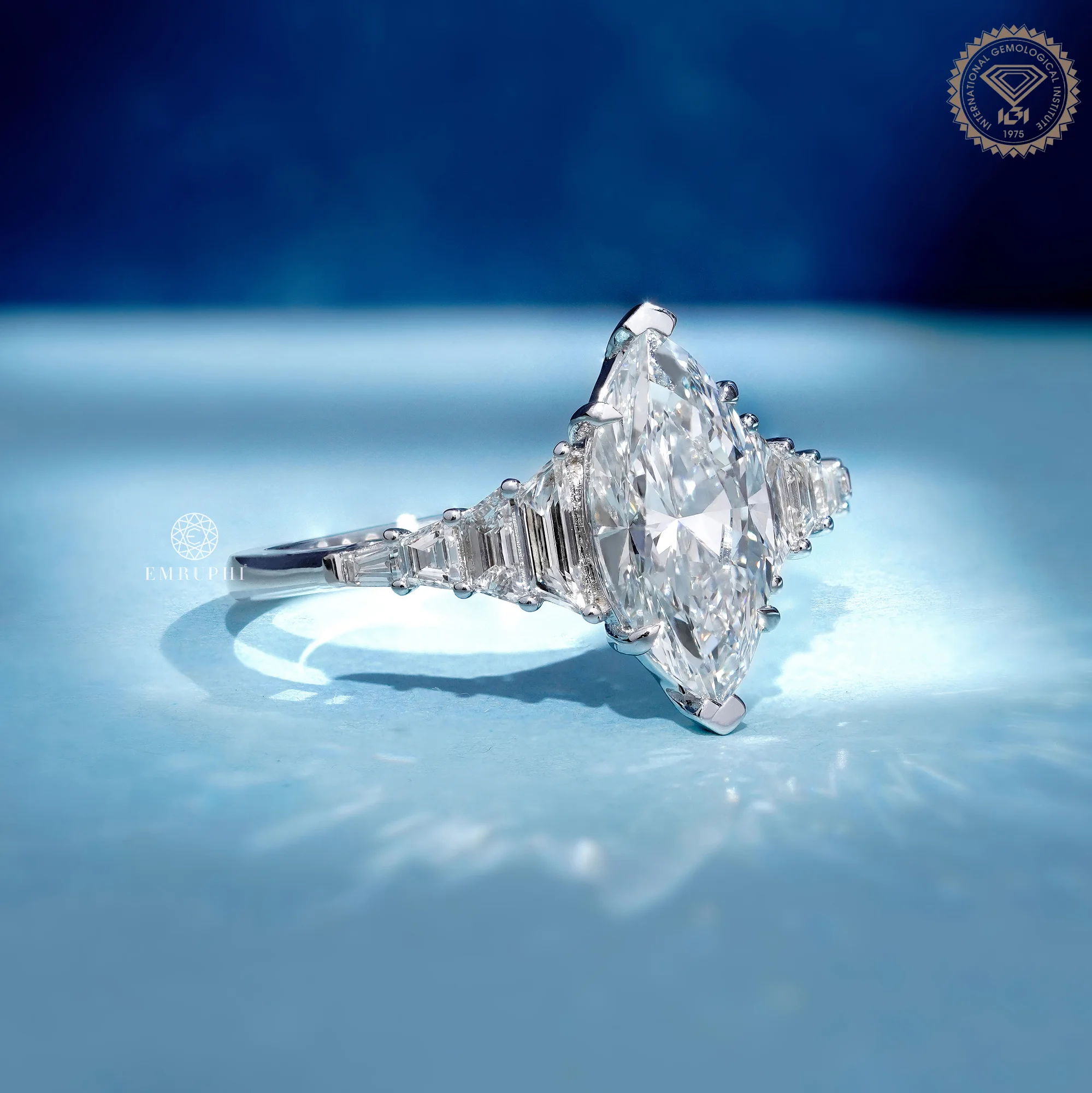 2 Carat Marquise Cut Lab Grown Diamond Engagement Ring, Art Deco Trapezoid Cut Side Stones — view 3