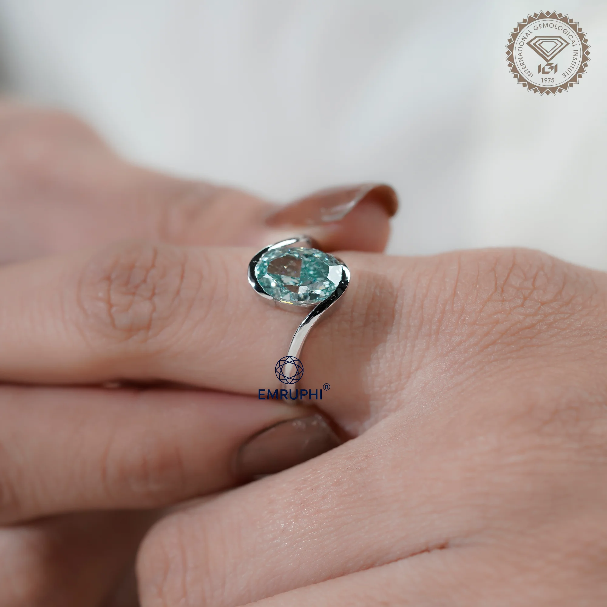 Oval Cut Lab Grown Diamond Ring, 14k White Gold, Antique Greenish Colording Ring — view 11