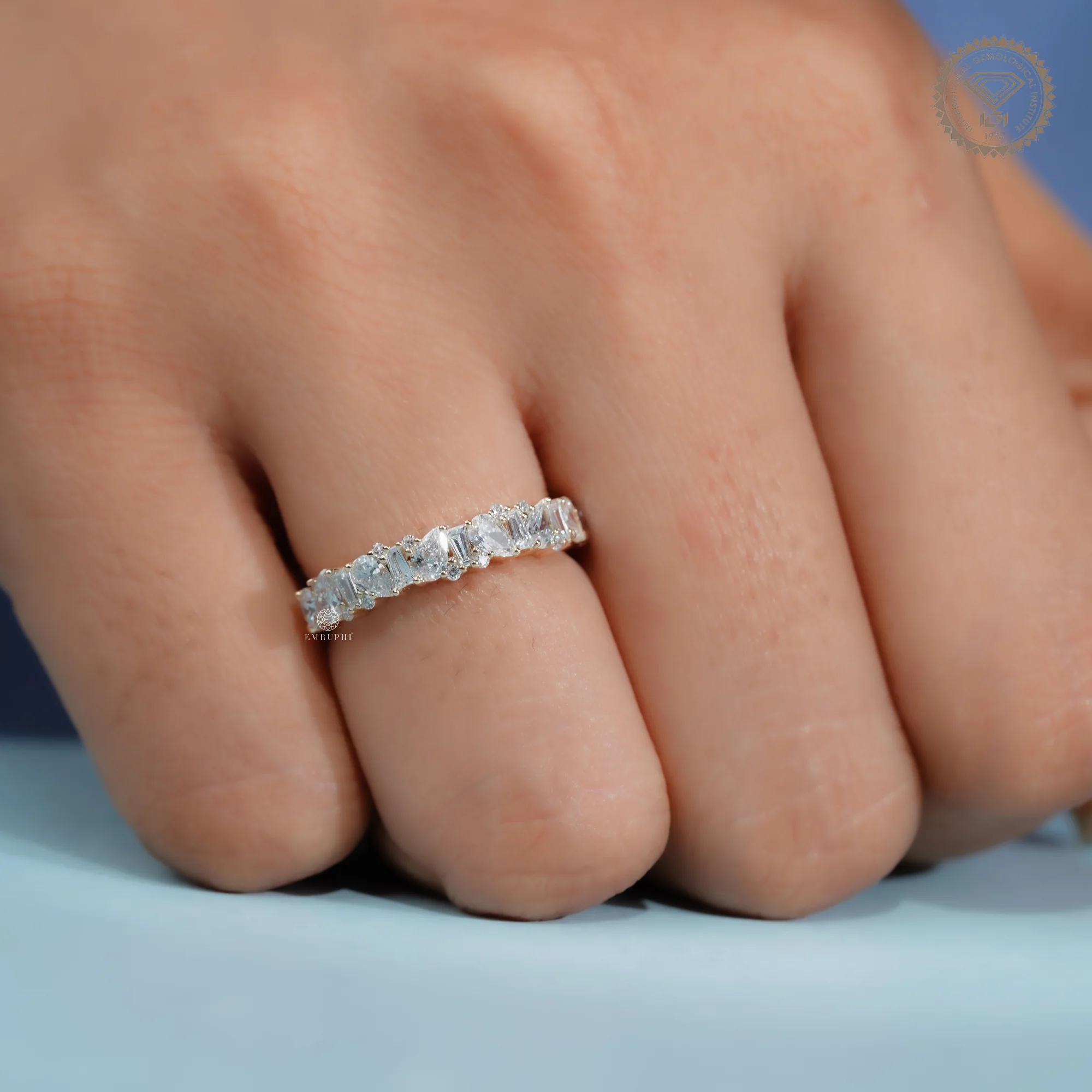 Pear and Baguette Lab Grown Diamond Wedding Band, Mixed Shape Diamond Half Eternity Ring — view 11