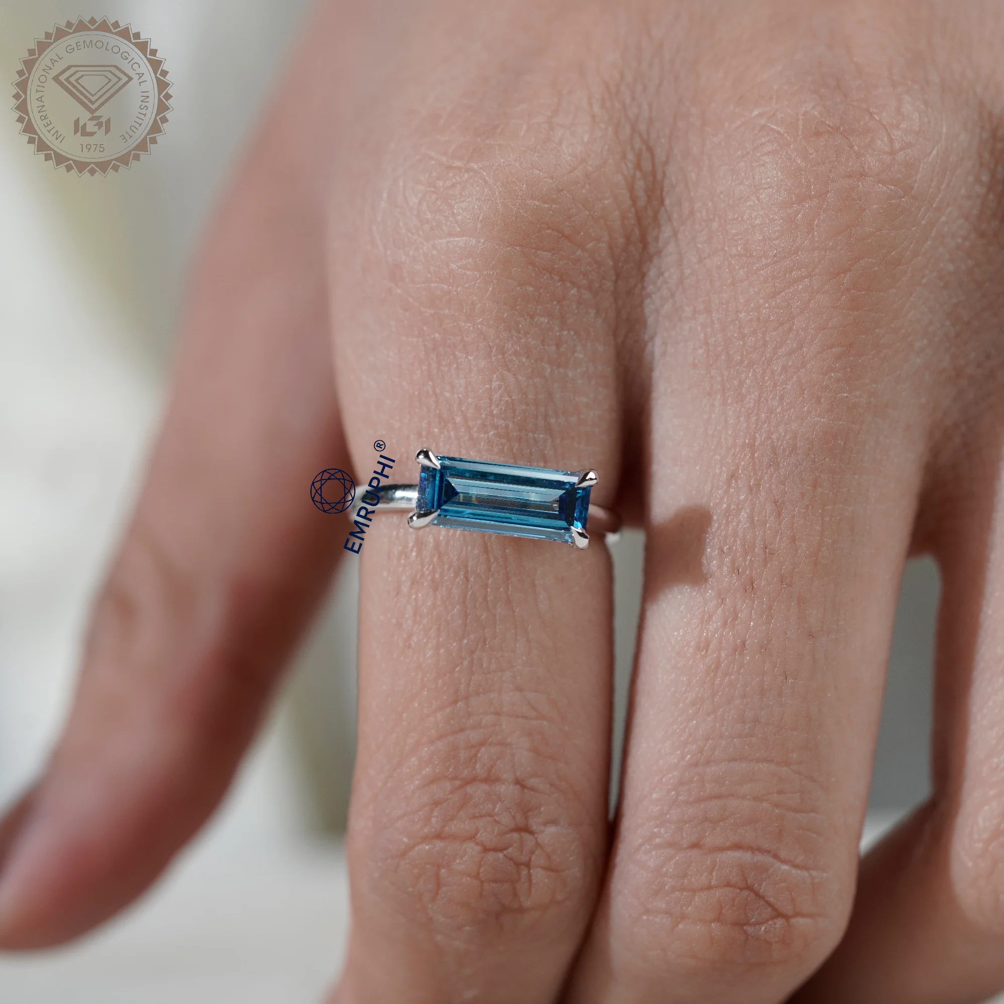 Baguette Diamond Solitaire Ring, Vivid Blue Lab Diamond Baguette — view 8
