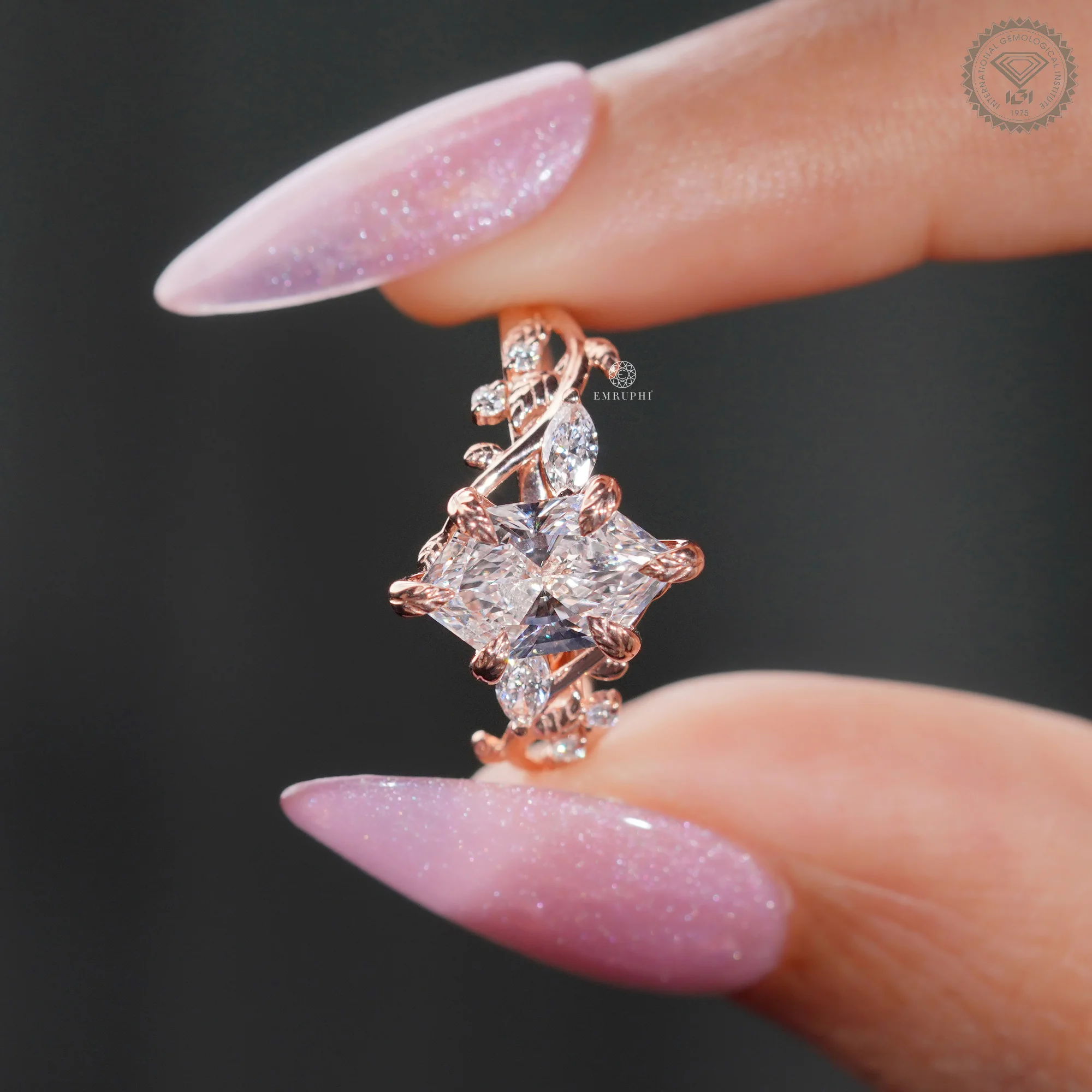 Dutch Marquise Lab Grown Nature Inspired Ring, 14K Rose Gold Wedding Ring, Leaf Diamond Ring — view 5