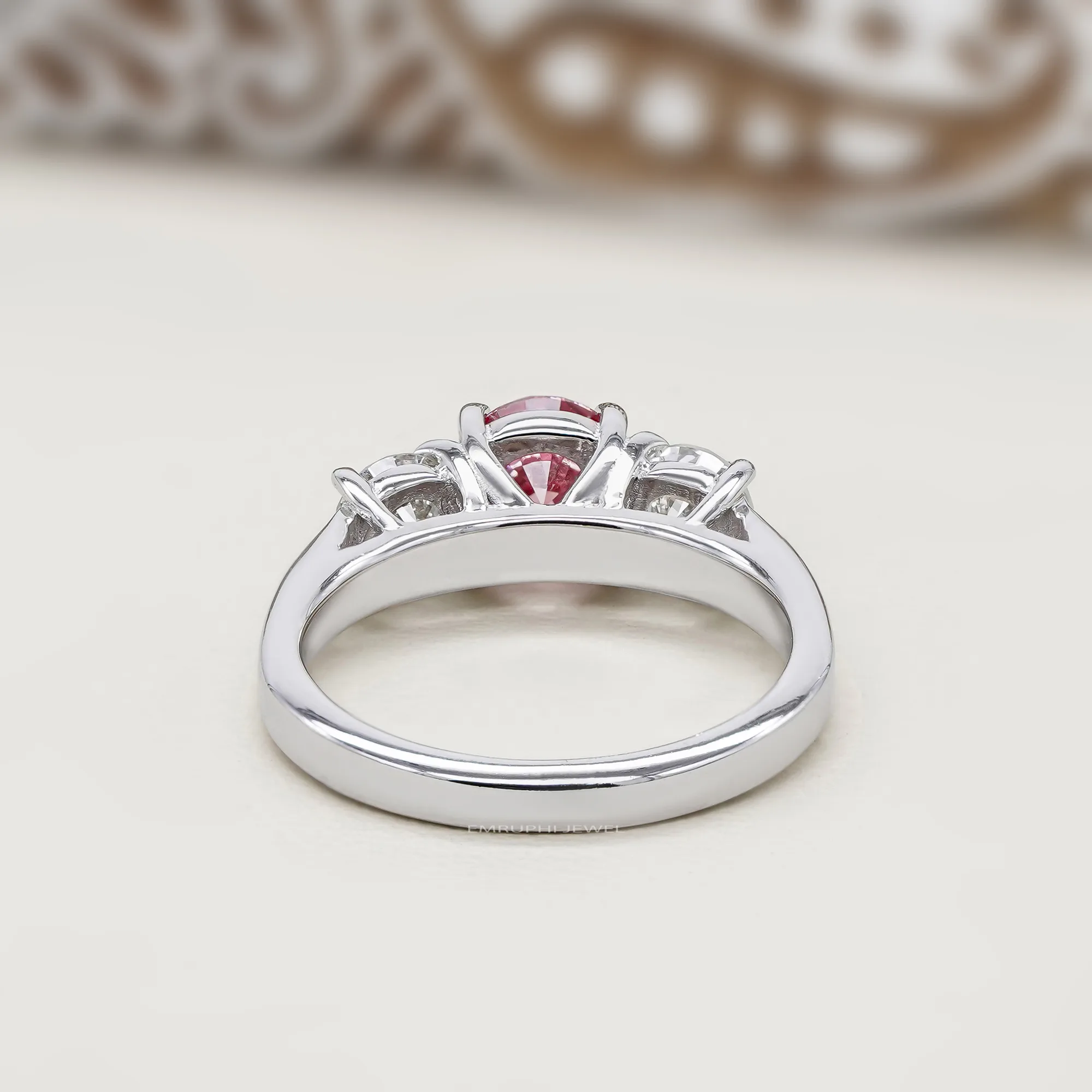 Pink Lab Grown Diamond Engagement Ring, 14K White Gold Three-Stone Wedding Ring — view 4