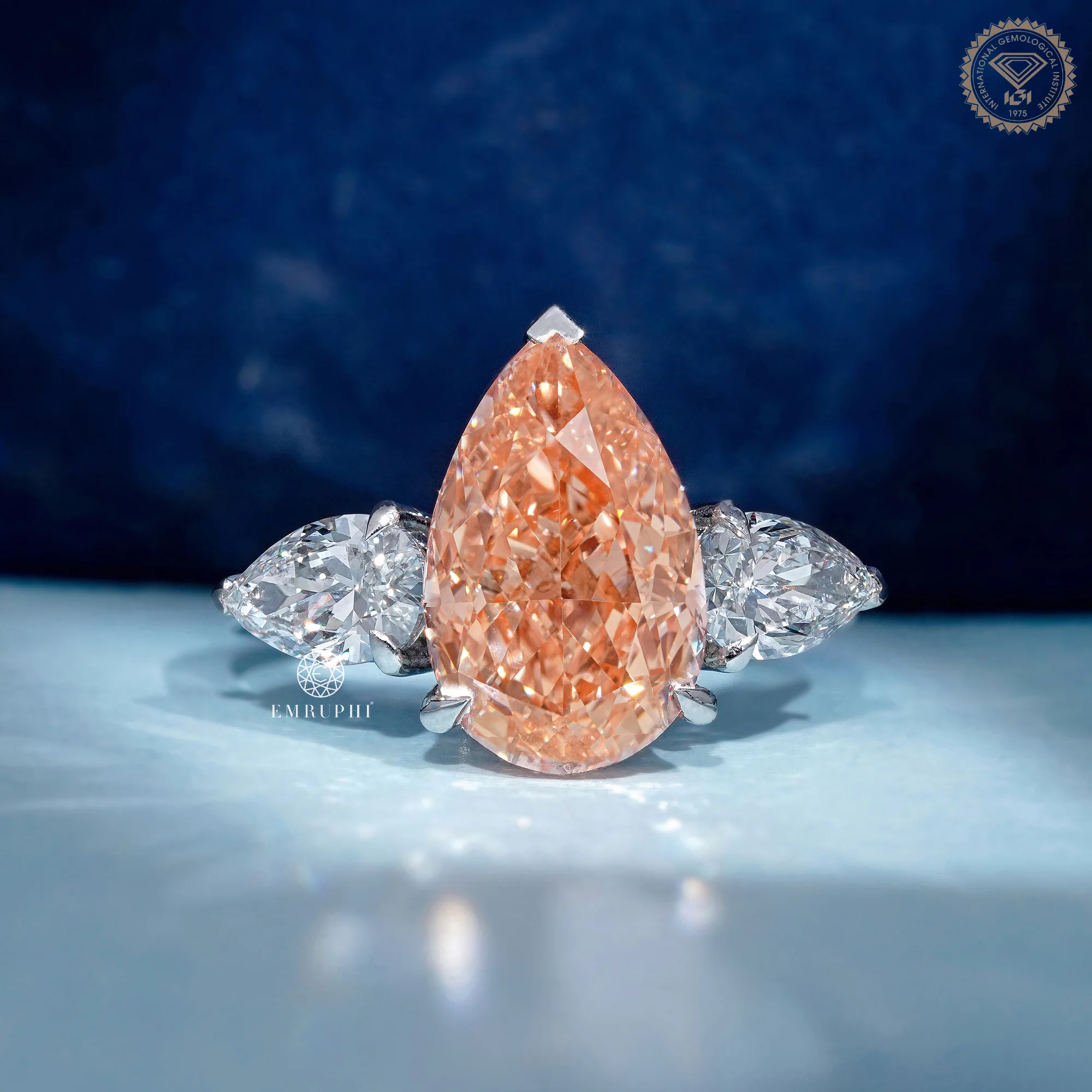 Vivid Pink Pear Cut Lab Grown Diamond Ring, 3 Stone Engagement Ring, IGI Certified Lab Diamond