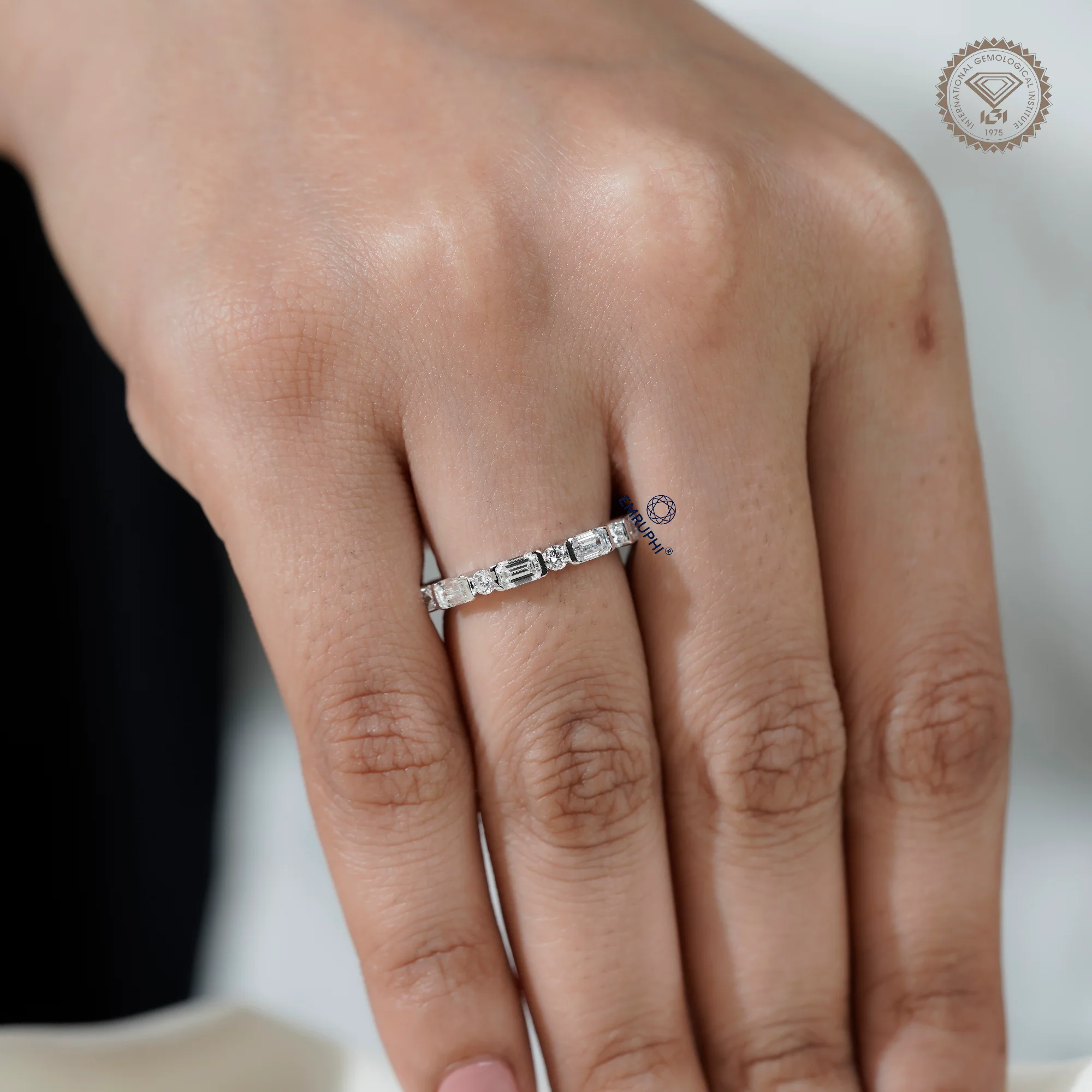 Emerald and Round Lab Grown Diamond Alternating Band, Dainty Wedding Ring — view 10