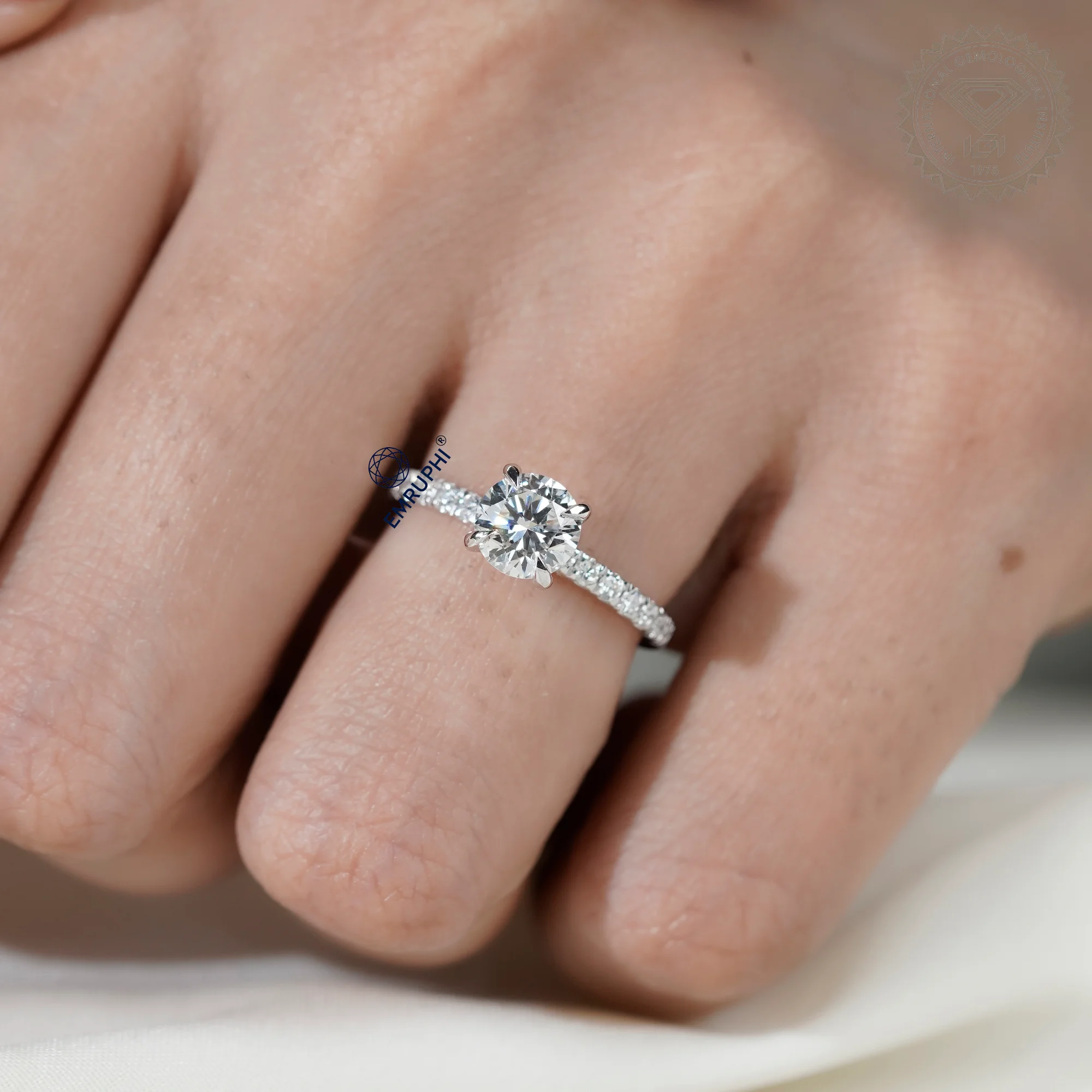 1 Carat Round Cut Lab Grown Diamond Engagement Ring, Pavé Side Stones — view 10