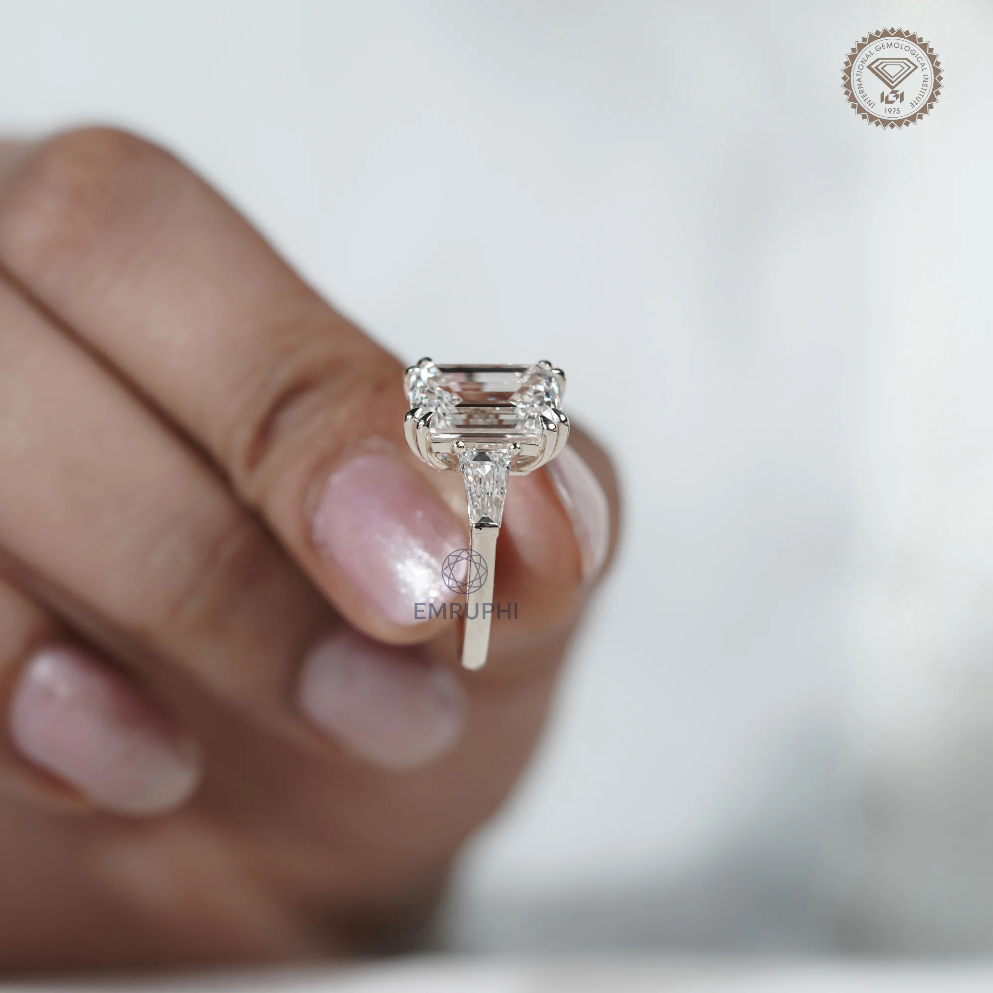 5 Carat Emerald Cut Lab Grown Diamond Engagement Ring , Trapezoid Side Stones — view 6