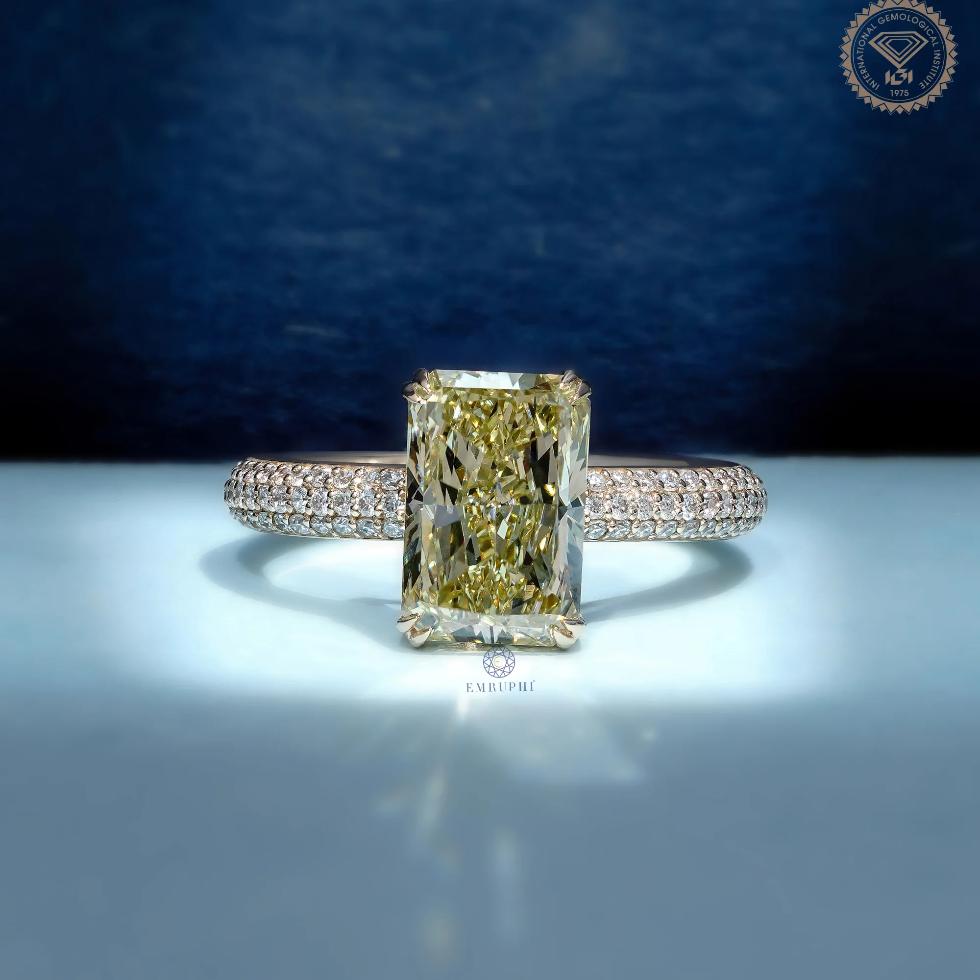 3 CT Radiant Cut Yellow Lab Grown Diamond Ring, Fancy Yellow Engagement Ring, Pave Band Diamond Ring