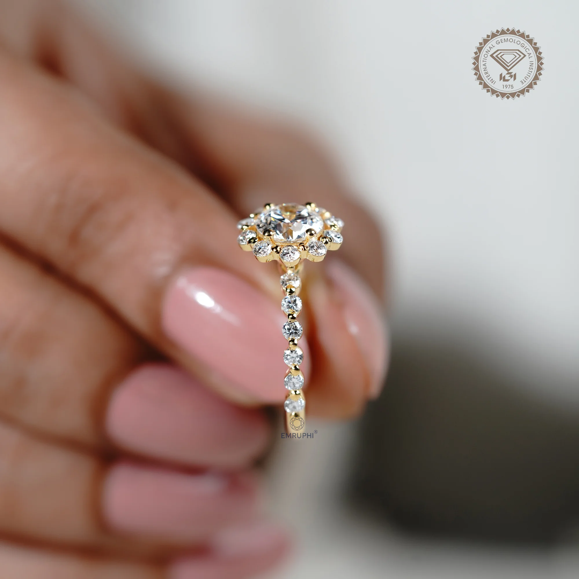 1.00 CT Round Lab Grown Diamond Halo Engagement Ring, 18k Gold Wedding Band — view 7