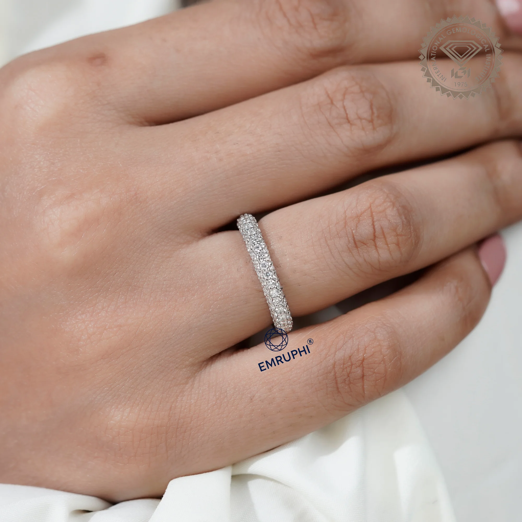 3 Row Lab Diamond Eternity Band, 3mm Wedding, Stackable Full Ring — view 7