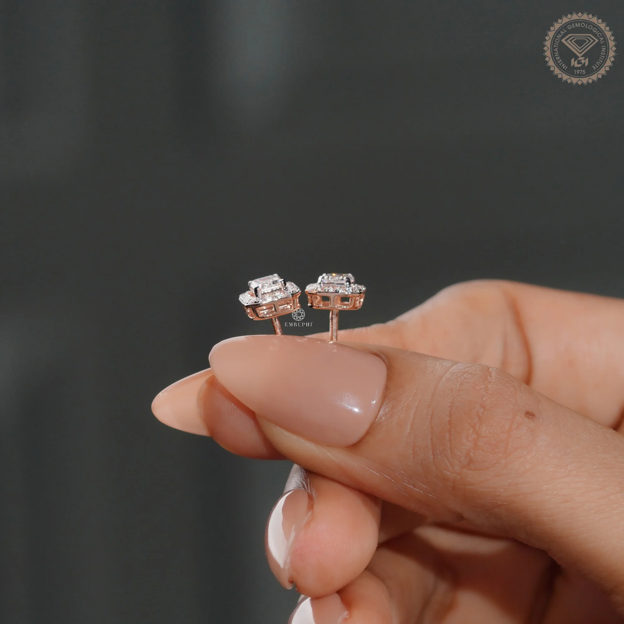 Emerald Cut Lab Grown Diamond Halo Earrings, Rose Gold Two Tone Studs — view 9