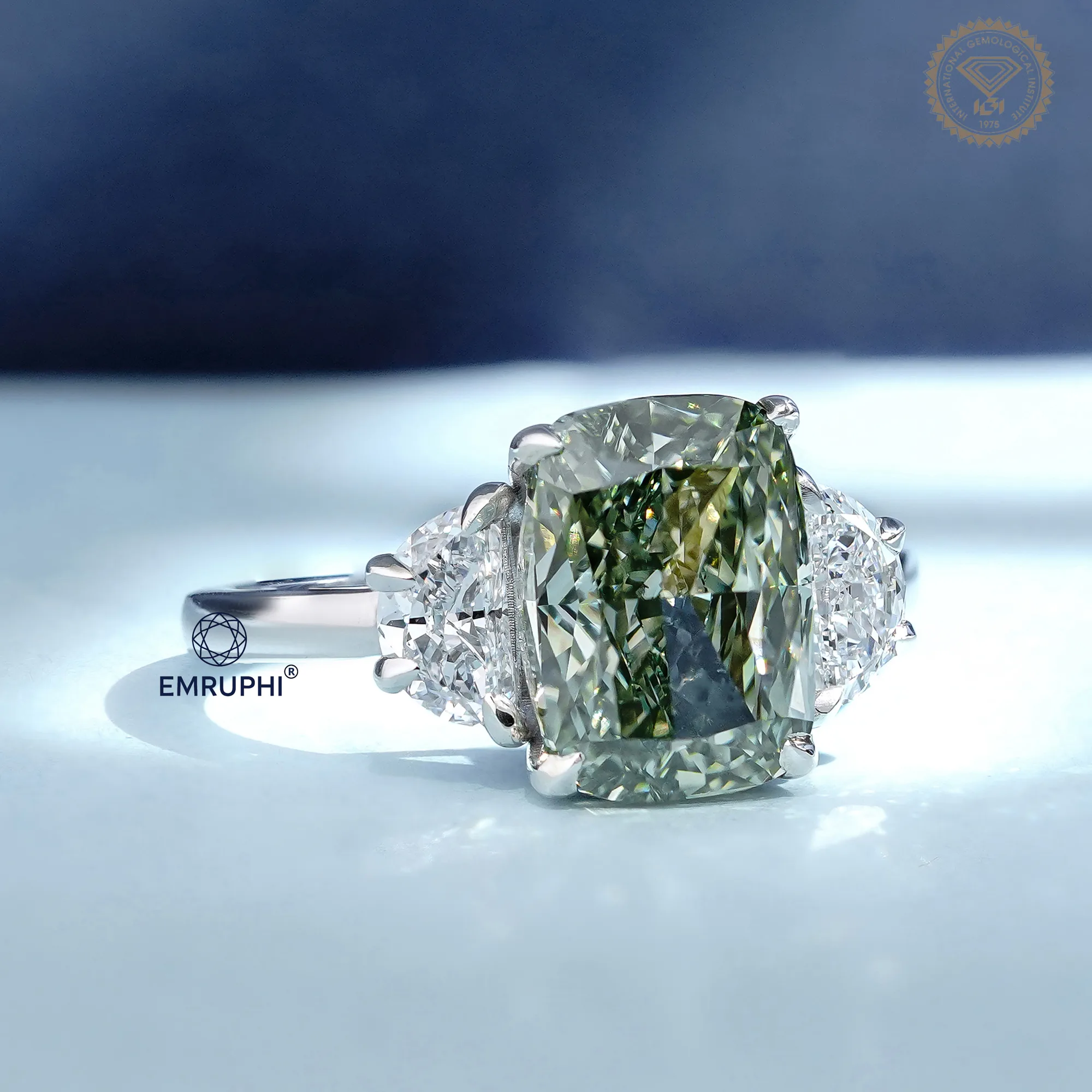 Vivid Green Cushion Diamond Three Stone Ring, 14K Gold Engagement Ring (IGI Certified) — view 3