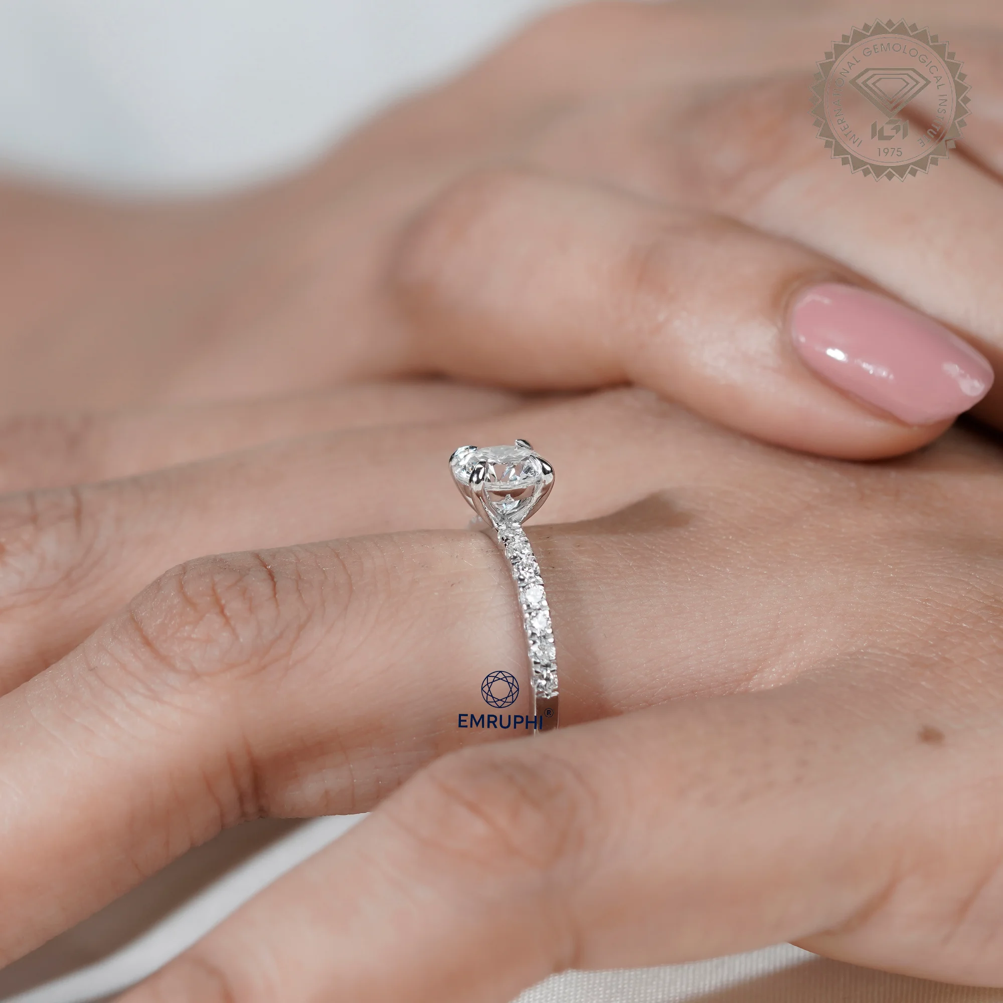 1 Carat Round Cut Lab Grown Diamond Engagement Ring, Pavé Side Stones — view 9