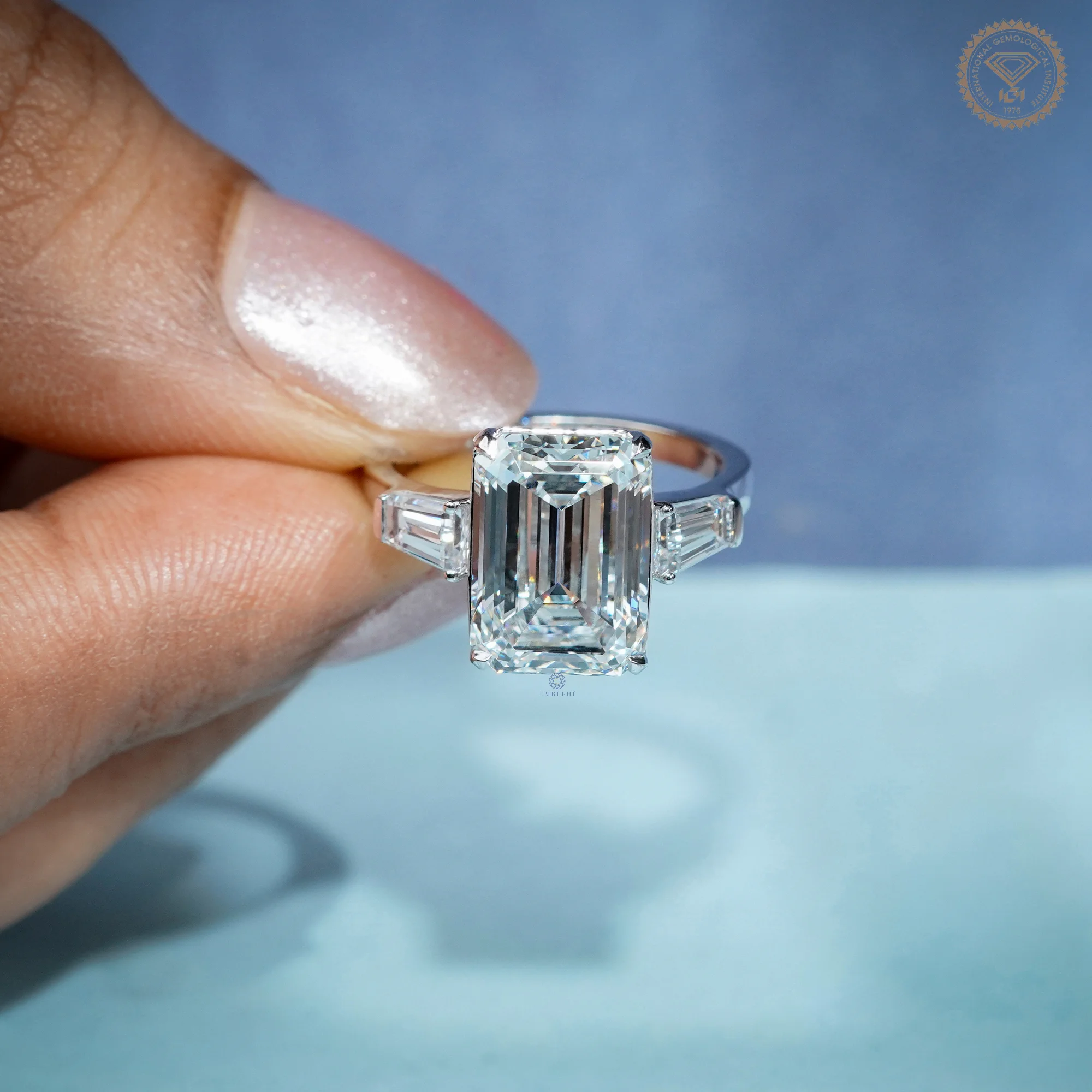 6 CT Emerald Cut Lab Grown Diamond Ring, Tapered Baguette Three Stone Engagement Ring, IGI Certified — view 6