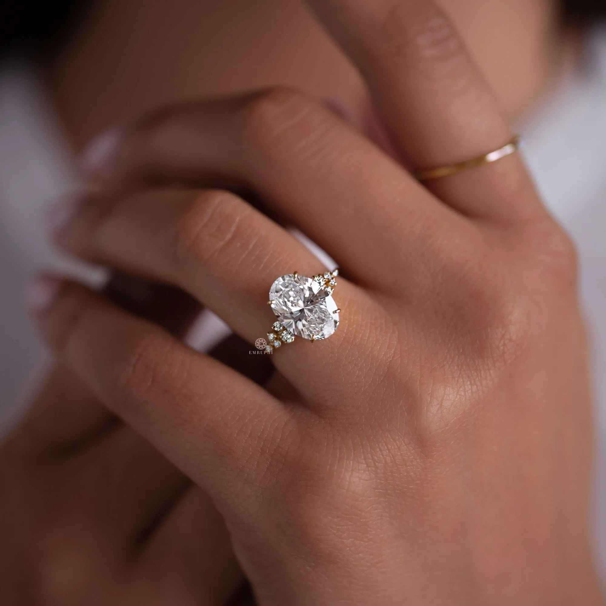 3.5 CT Oval Lab Grown Diamond Cluster Engagement Ring, Oval Cut Diamond Ring, 14K Gold Floral Cluster Ring — view 7