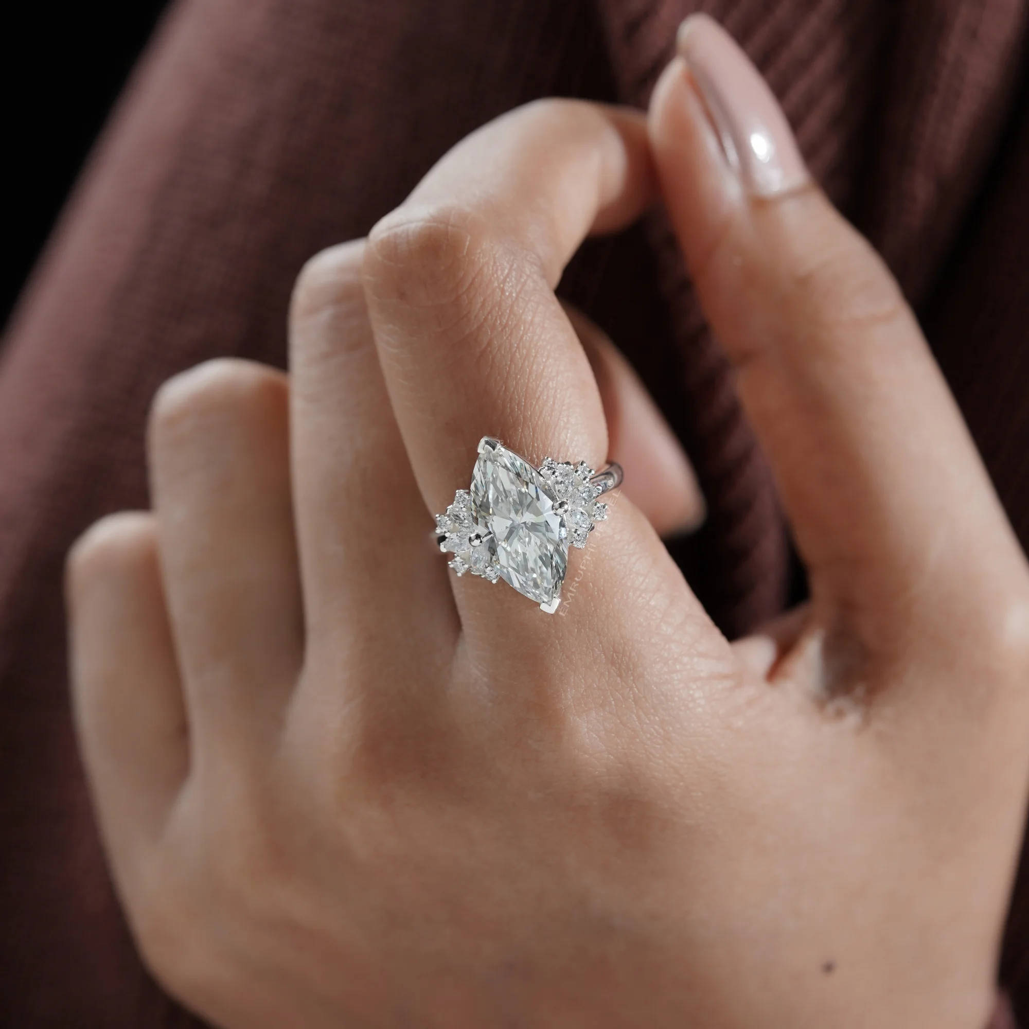 3.50 Carat Marquise Lab Grown Diamond Ring, Gold Cluster Engagement Ring — view 7