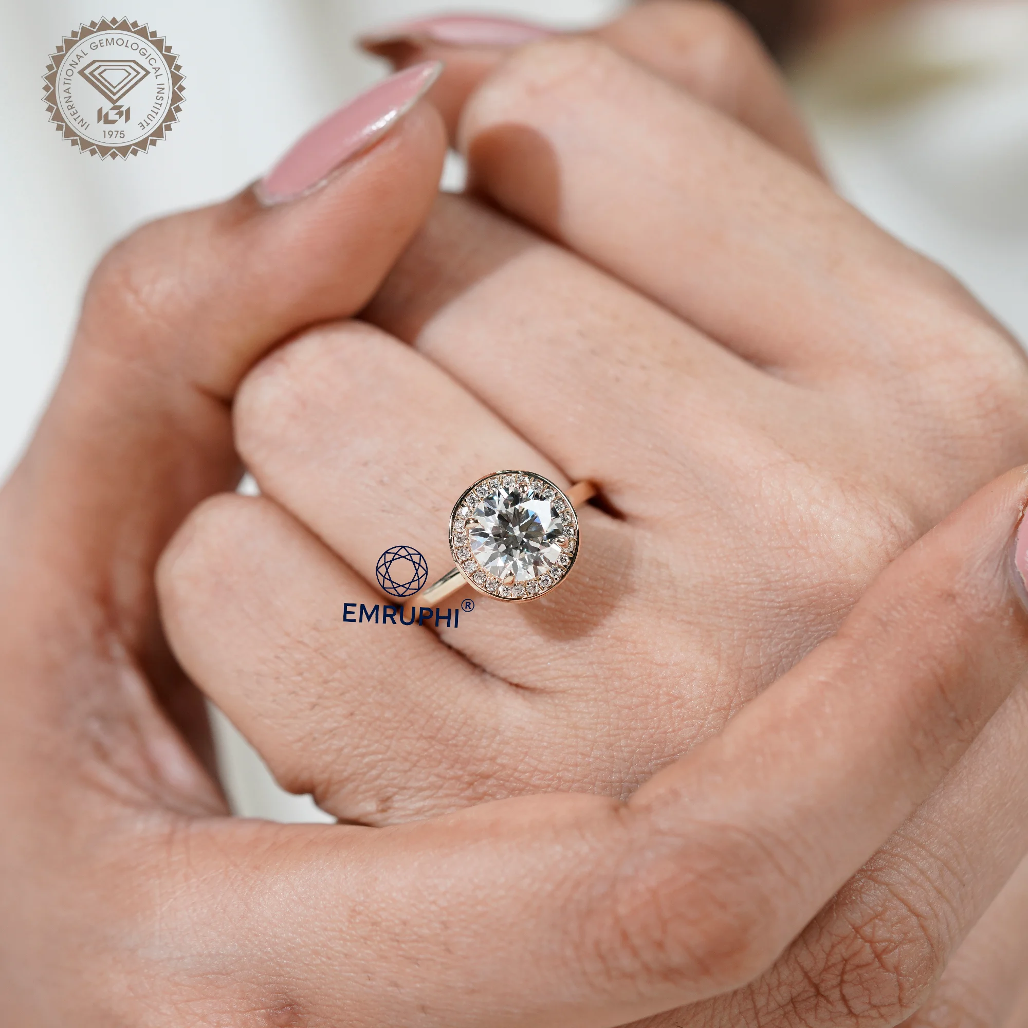 Round Cut Halo Engagement Ring in 14k Gold, Bezel Set Wedding Ring — view 9