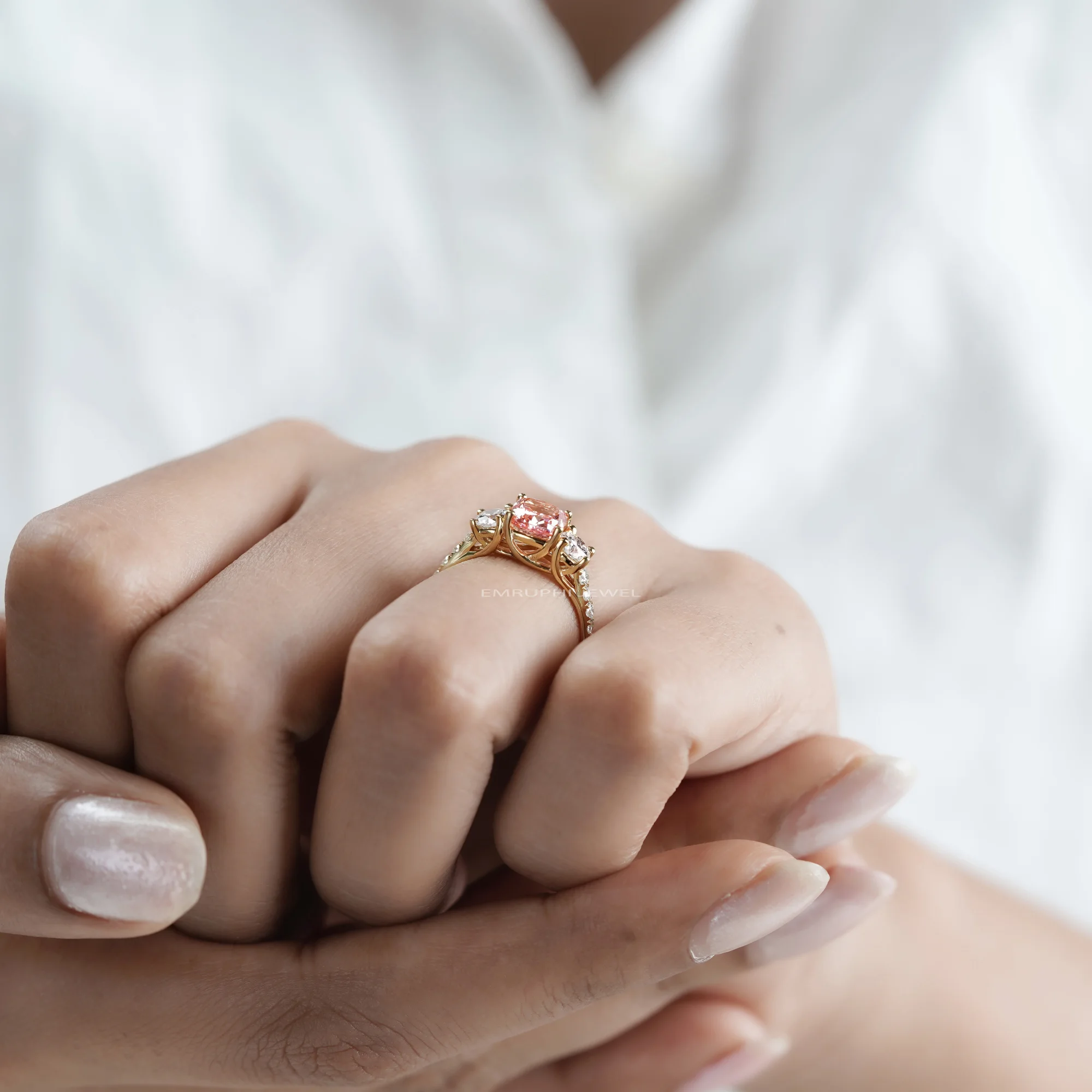 Pink Cushion Lab Grown Diamond Ring, 14K Yellow Gold Three Stone Engagement (IGI Certified) — view 11