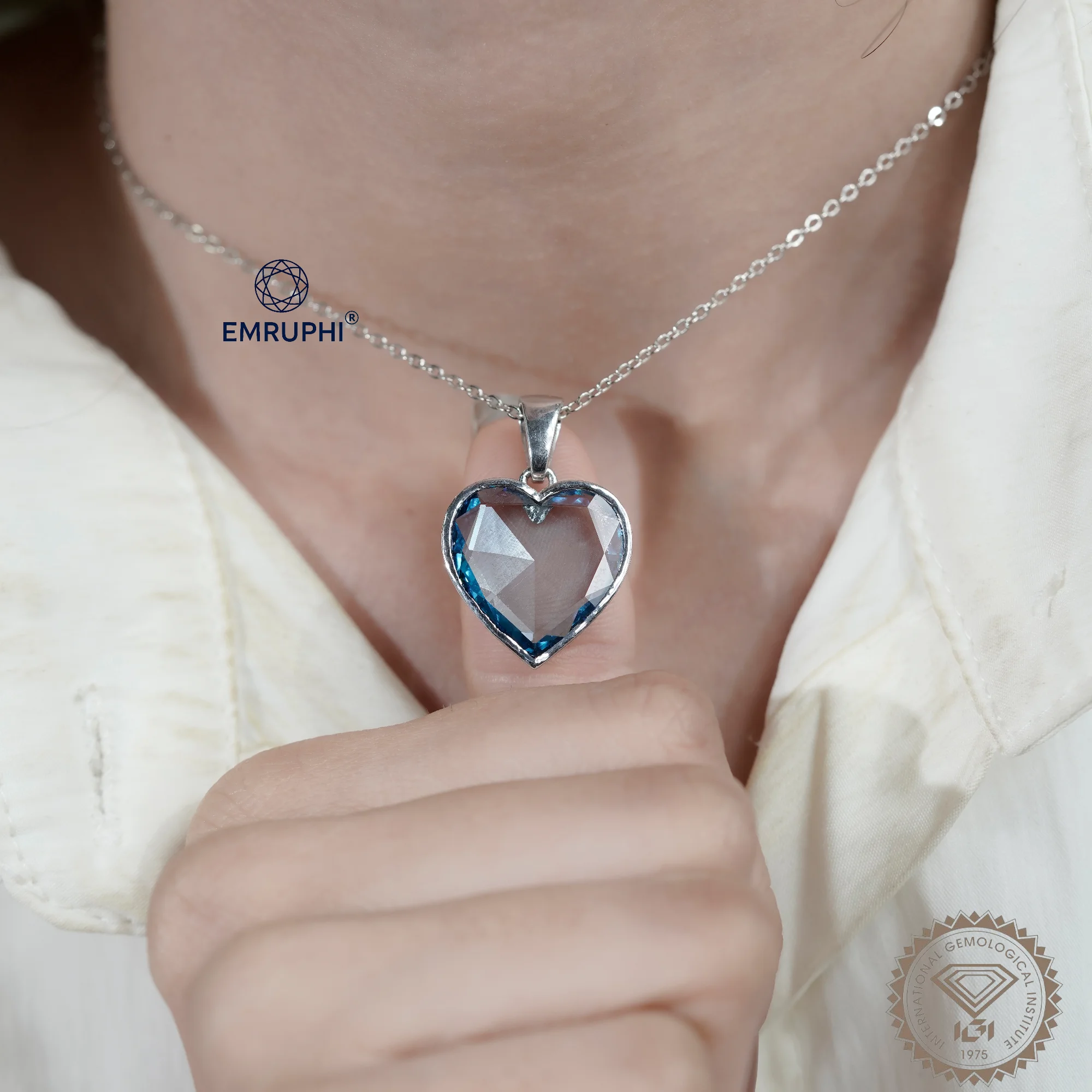 7 CT Vivid Blue Heart Diamond Pendant Necklace in 14K Gold — view 7