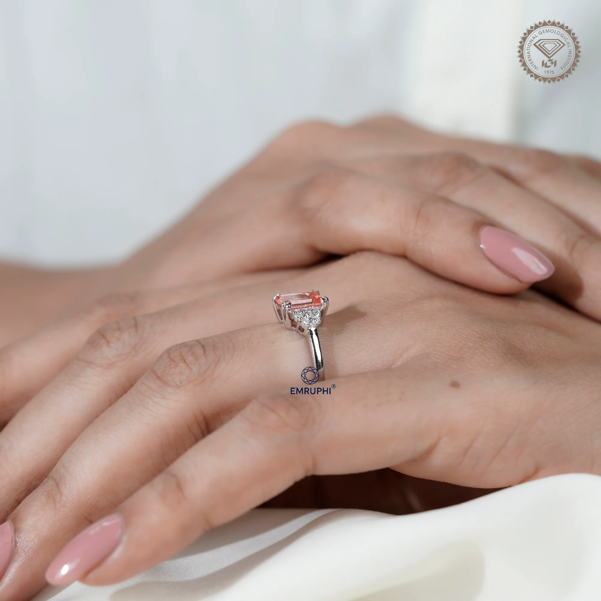 Emerald Cut Vivid Pink Lab-Grown Diamond Cluster Ring, Nature Inspired Ring, Emerald Cluster Ring, Emerald Wedding Ring in 18k Gold — view 9