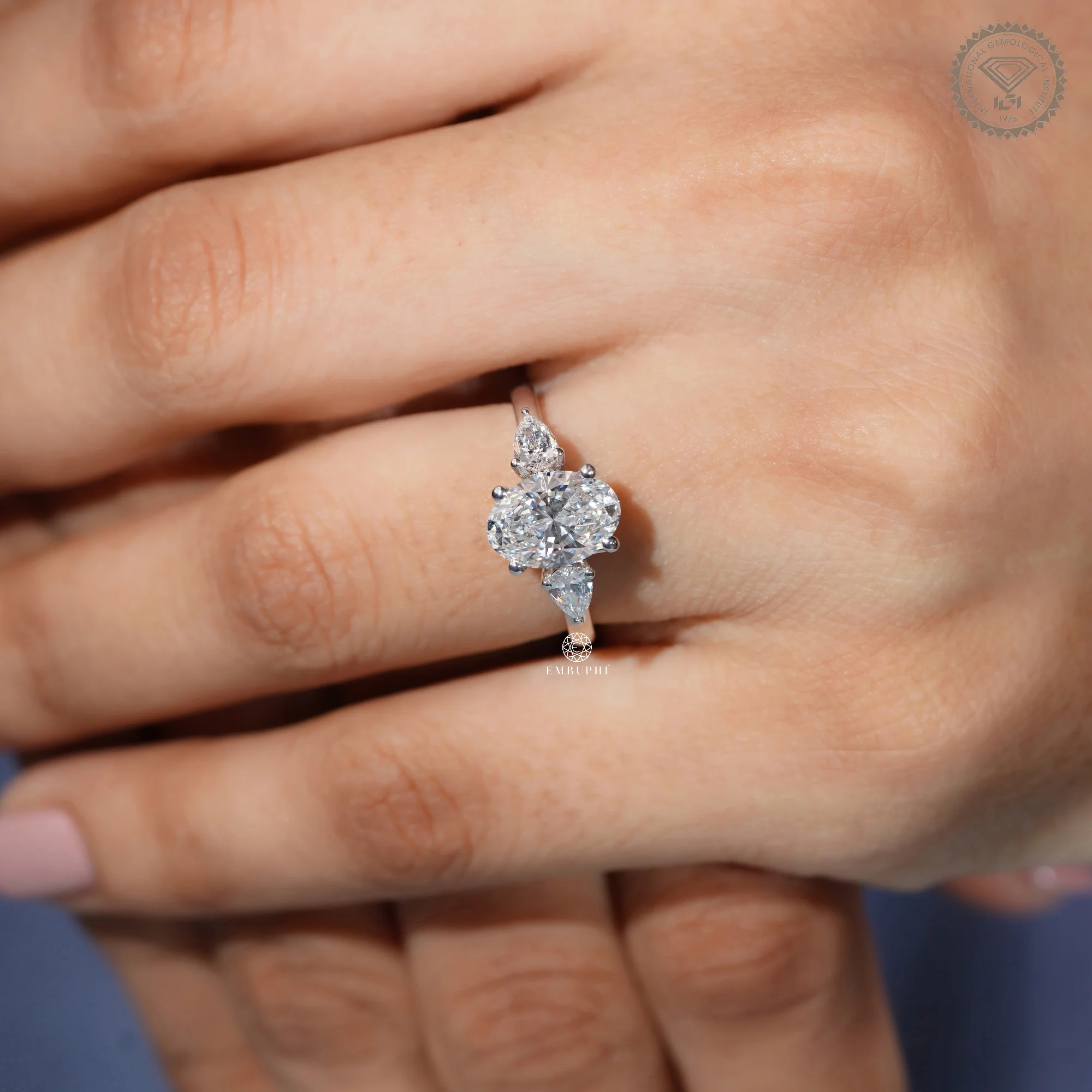 1.60 CT Oval Cut Lab Grown Engagement Ring With Pear Side Stone, Oval Three Stone Diamond Ring — view 8