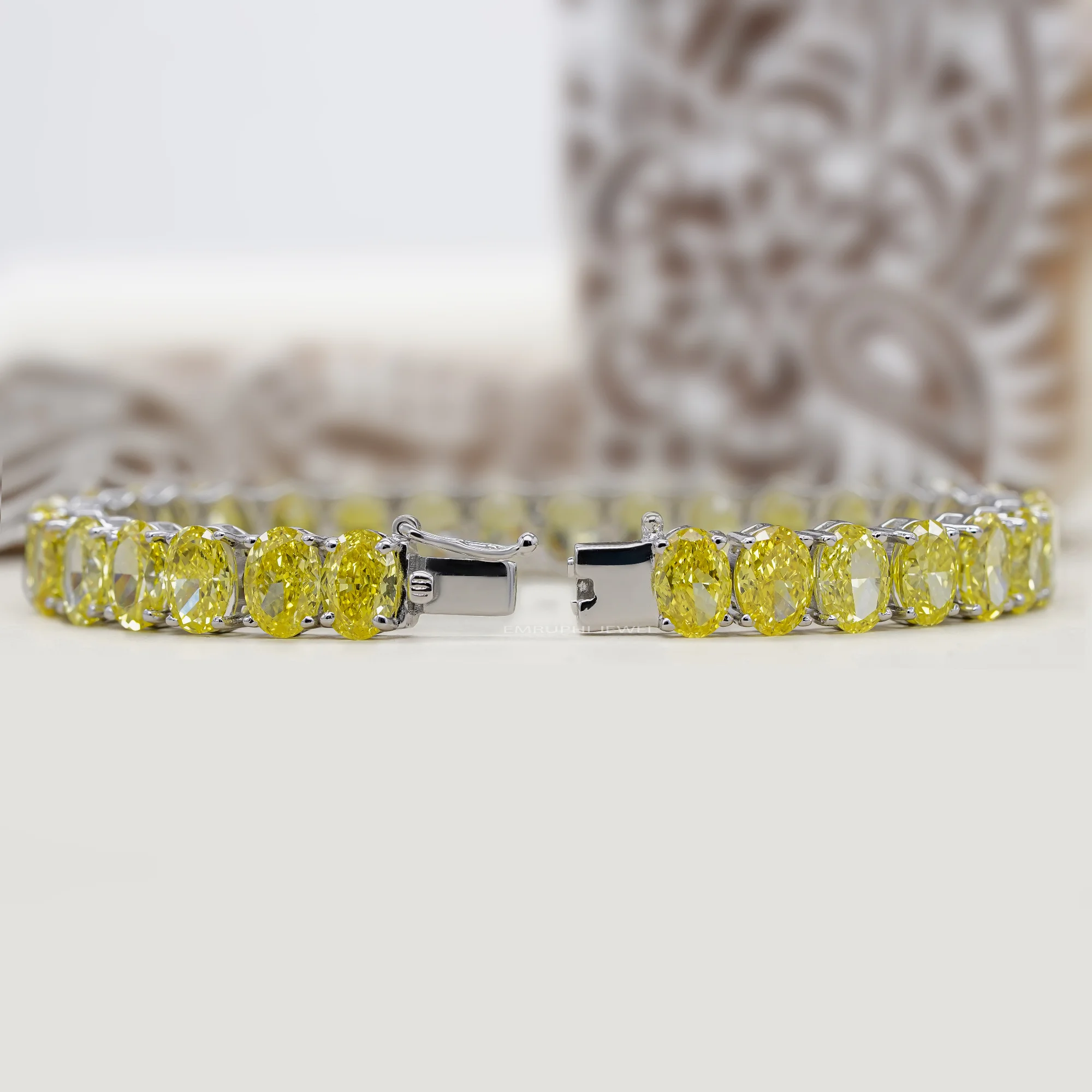 Yellow Oval Lab Grown Diamond Tennis Bracelet, Oval Cut Solitaire Tennis Bracelet in Gold — view 4