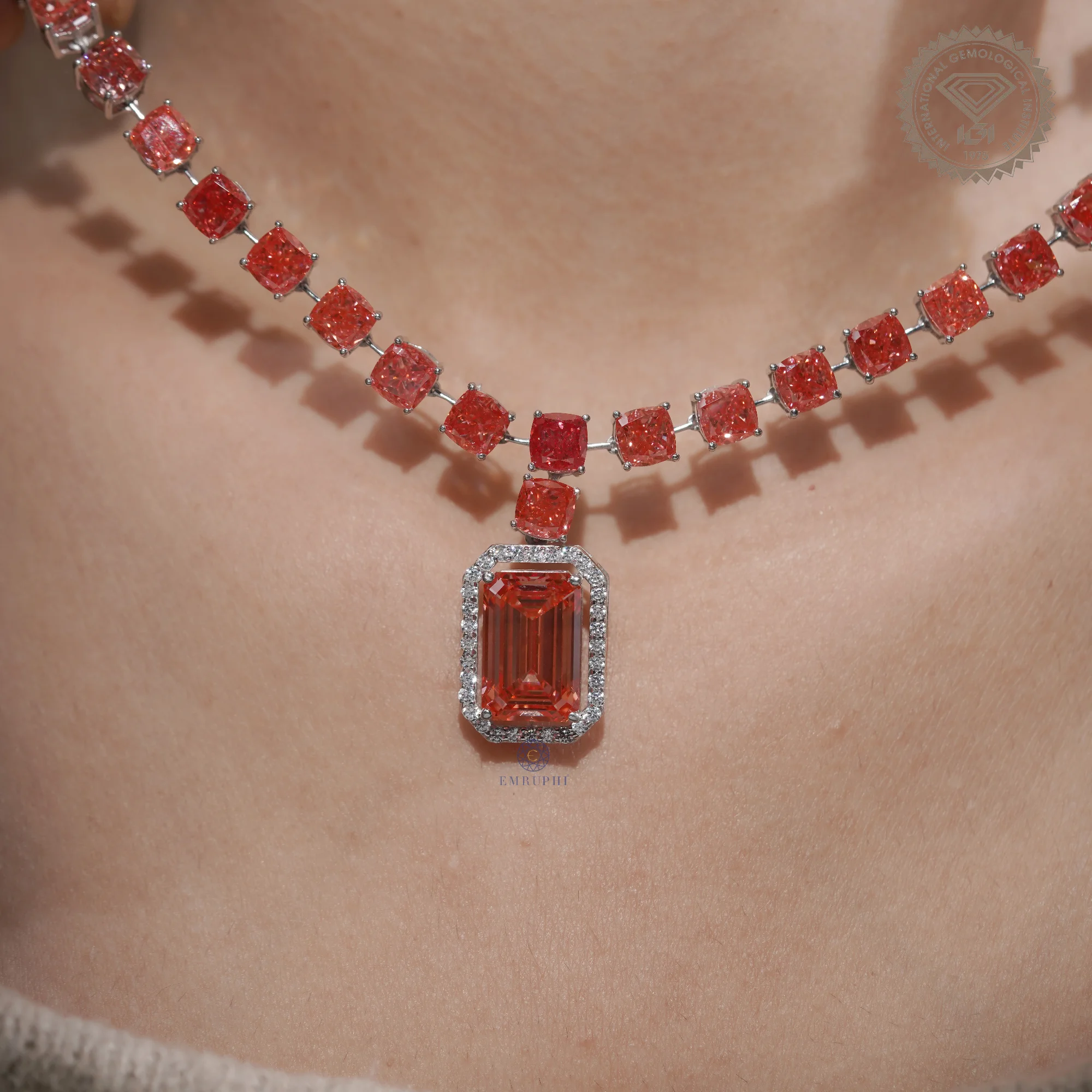 7.25 CT Vivid Pink Emerald Cut Halo Pendant Necklace, Cushion Tennis Necklace — view 11