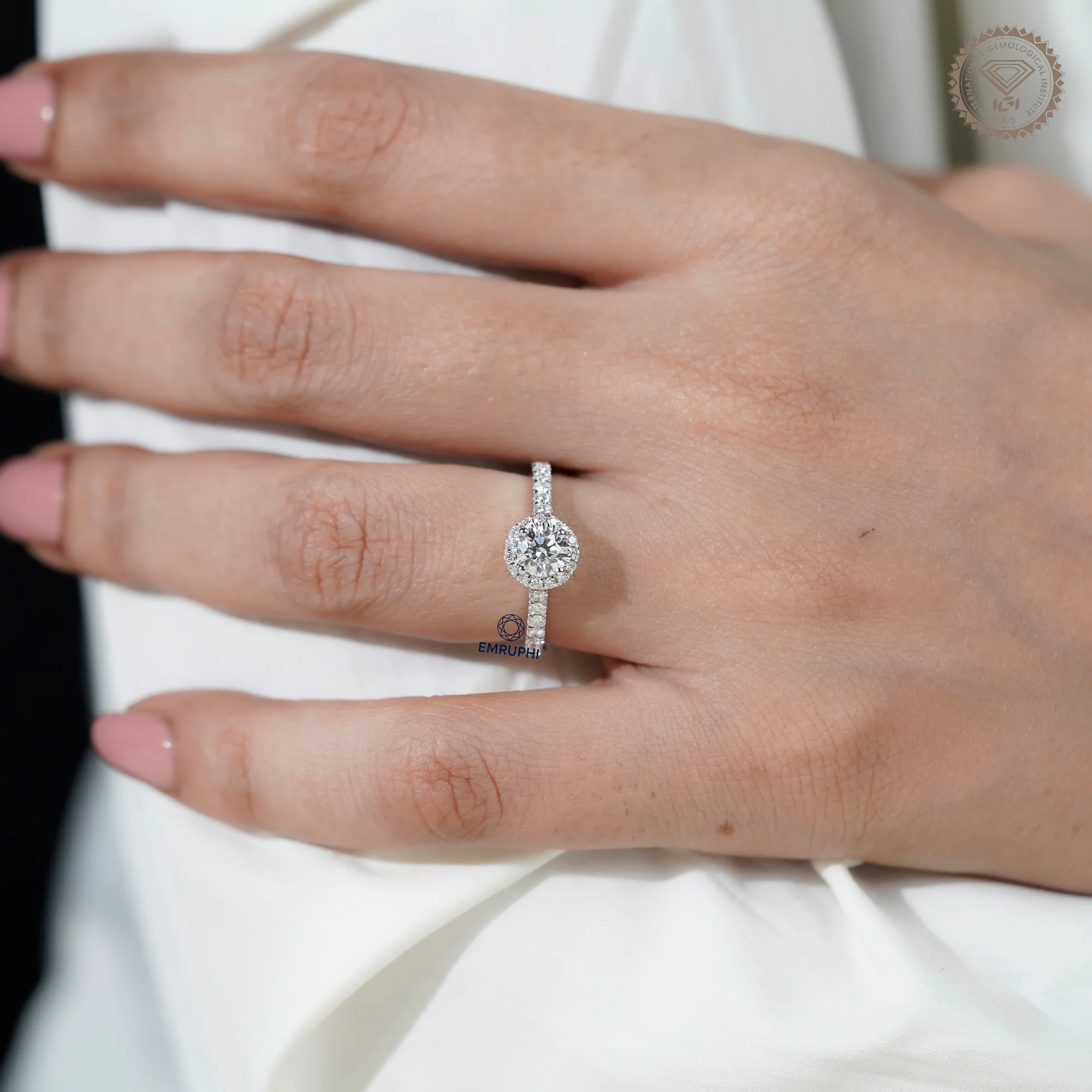 1.00 CT Round Halo Diamond Engagement Ring, Pave Band Halo Ring — view 12