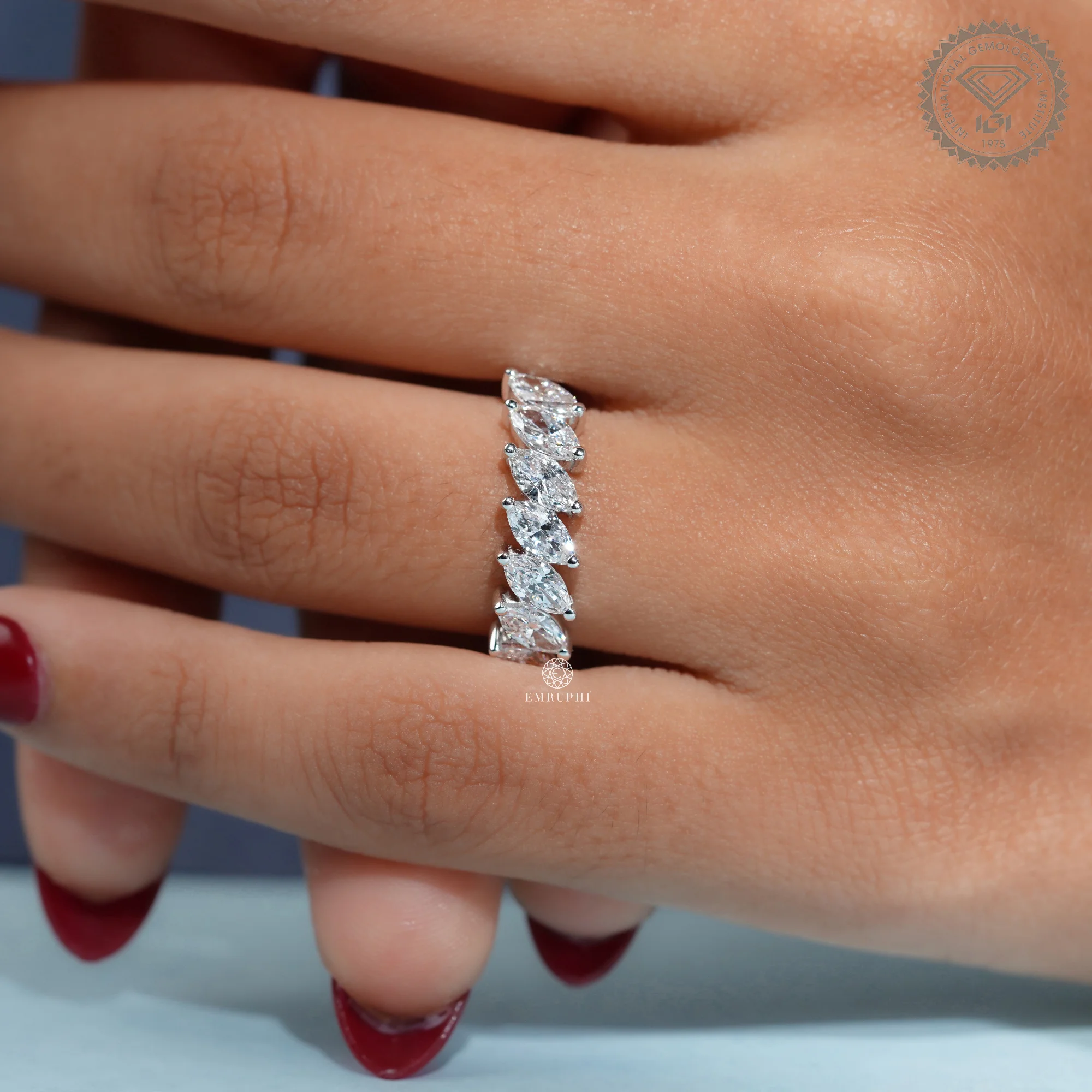 Marquise Cut Lab Grown Diamond Half Eternity Ring, Angled Marquise Wedding Band — view 12