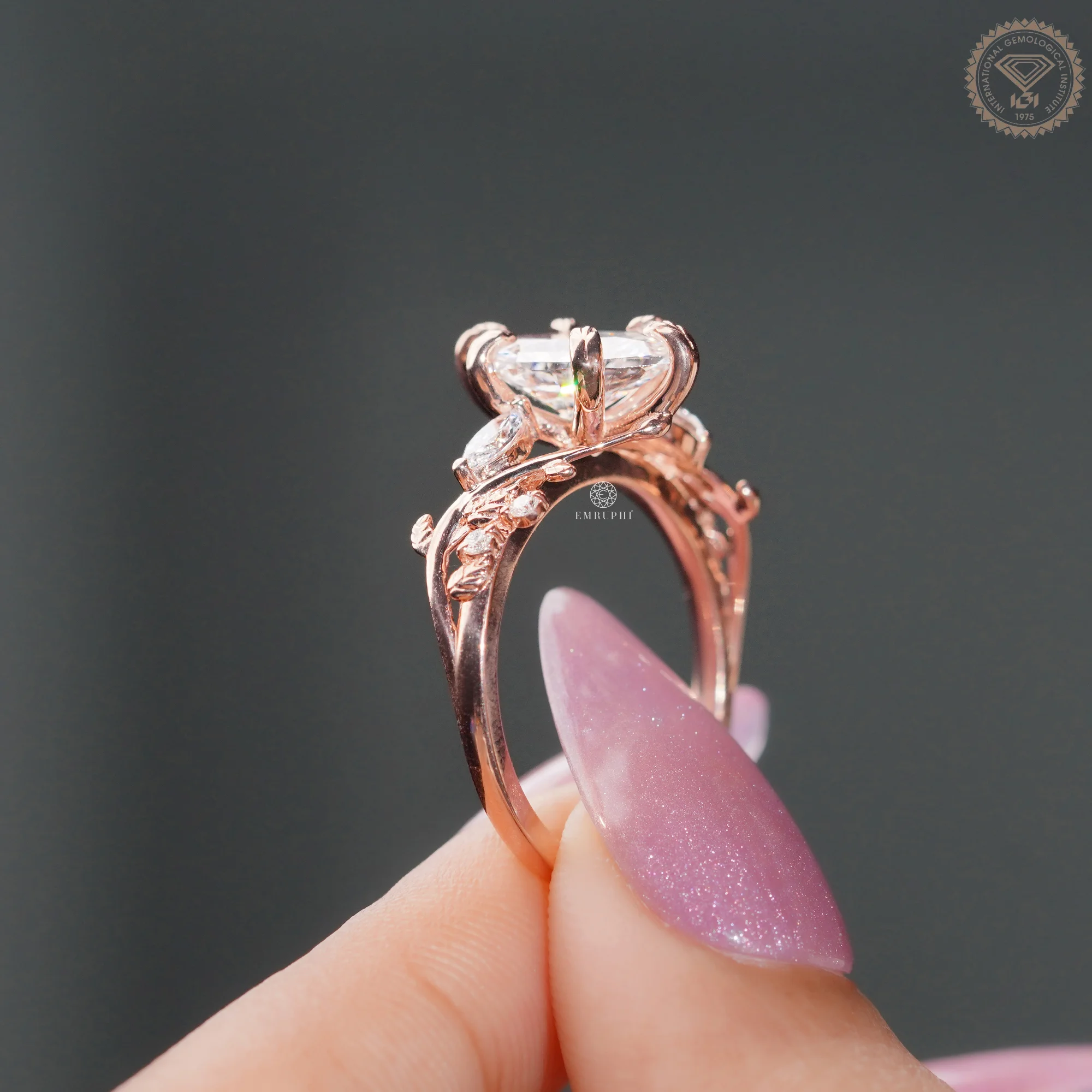 Dutch Marquise Lab Grown Nature Inspired Ring, 14K Rose Gold Wedding Ring, Leaf Diamond Ring — view 8