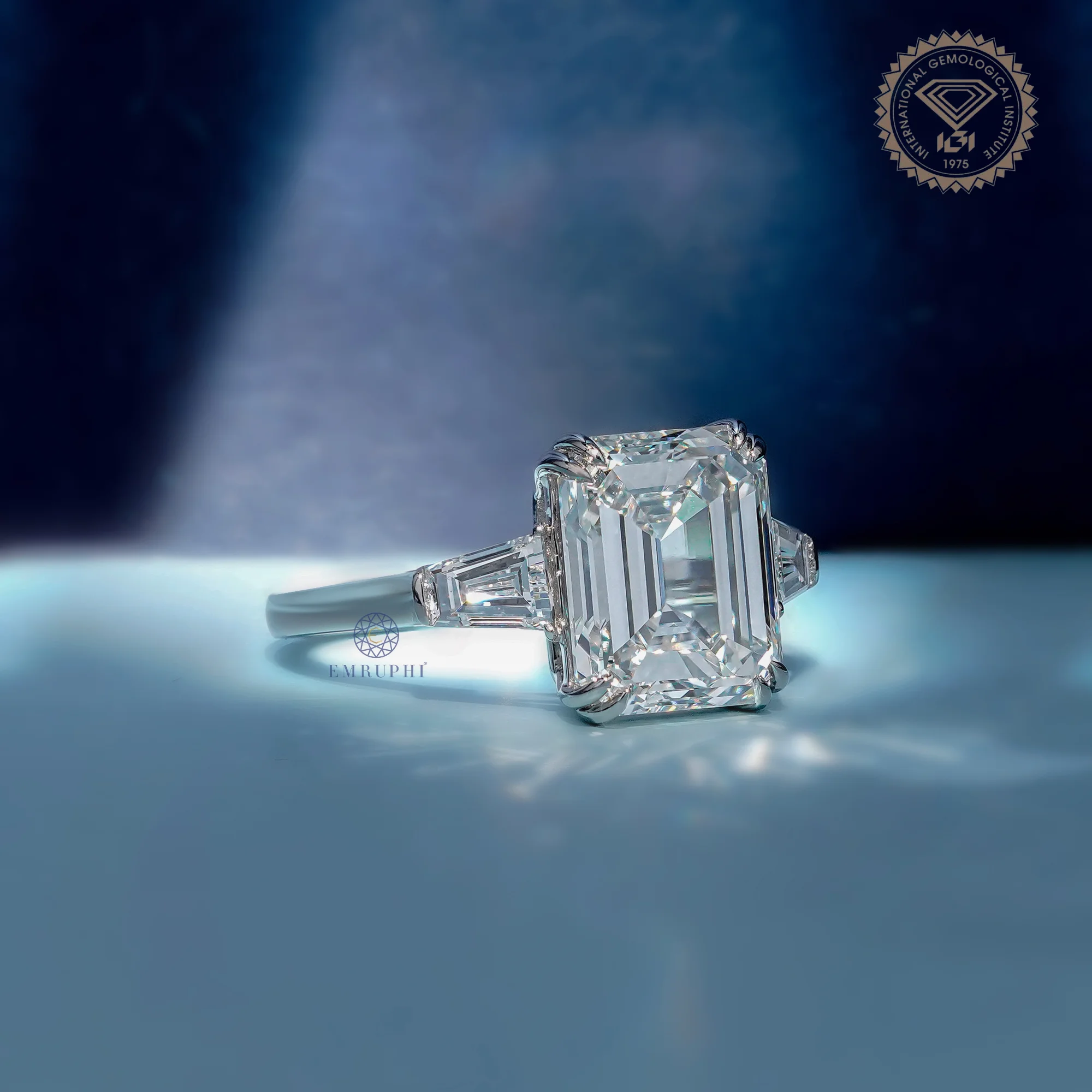 Emerald Lab Diamond Engagement ring in 14k Gold, Baguette Side Stones — view 3