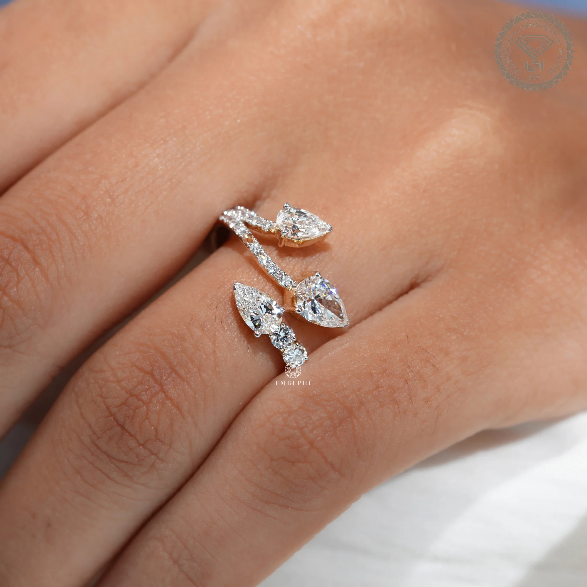 Three Stone Pear Lab Diamond Open Wrap Ring, Toi et Moi Style Ring, IGI Certified Diamonds — view 10