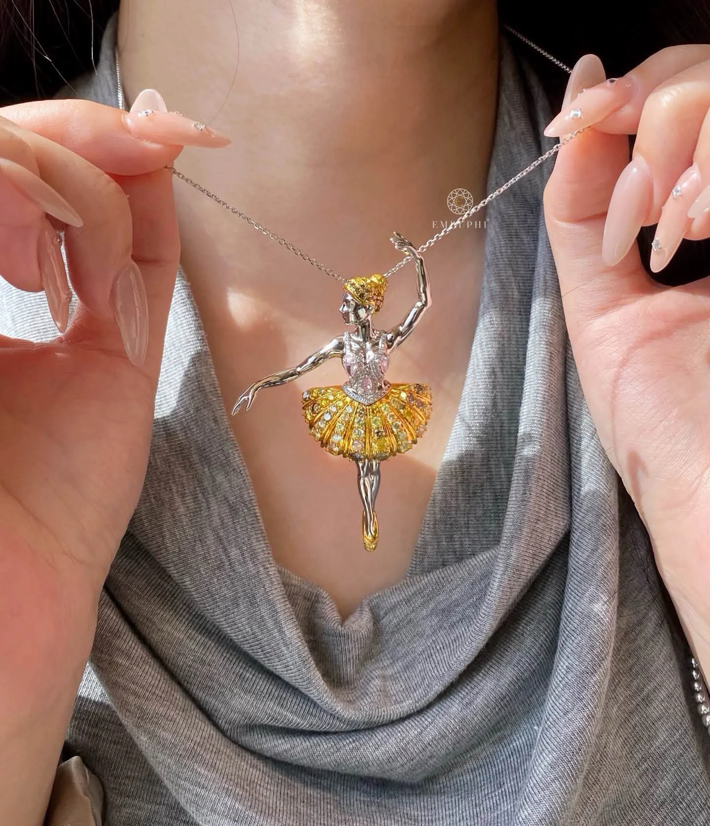 Lab Grown Fancy Yellow Diamond Ballerina Brooch Pendant, Dual Function Ballerina Dancer Pin Necklace — view 5