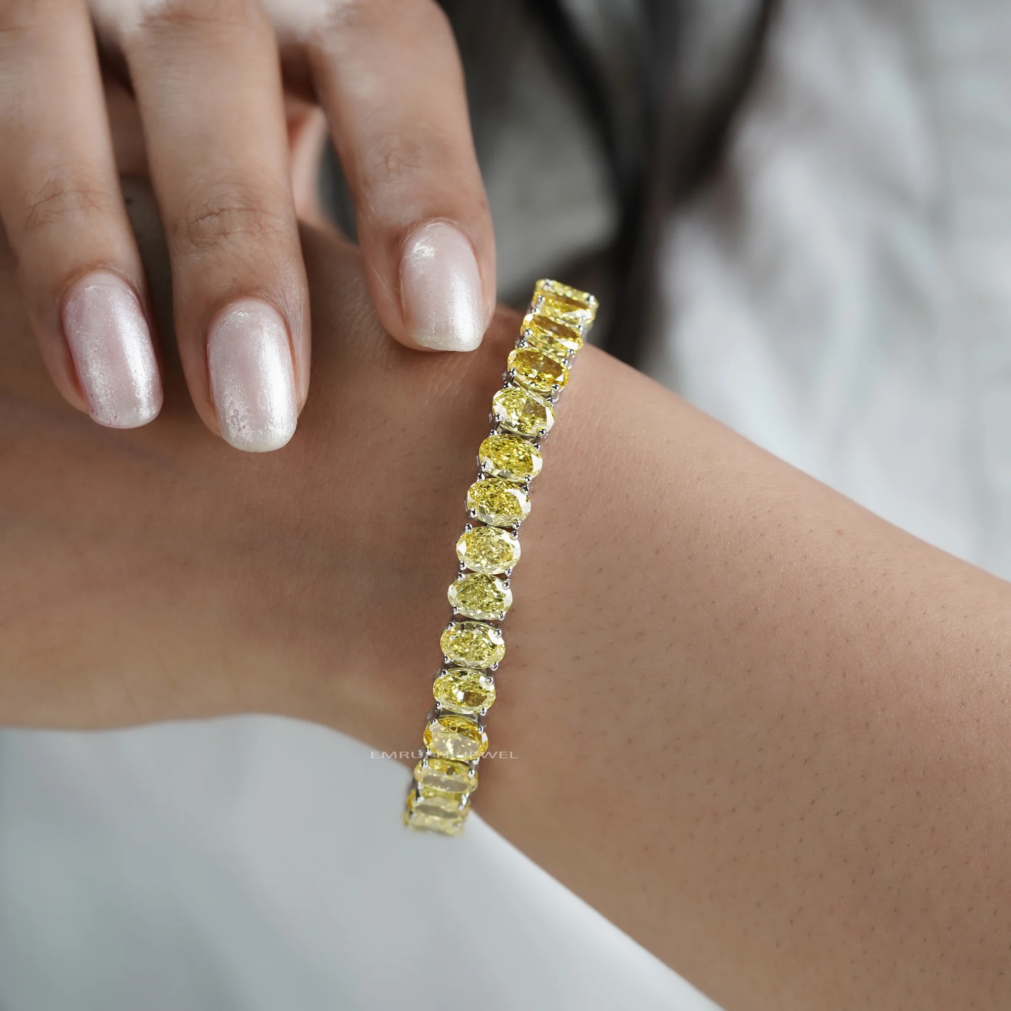 Yellow Oval Lab Grown Diamond Tennis Bracelet, Oval Cut Solitaire Tennis Bracelet in Gold — view 6