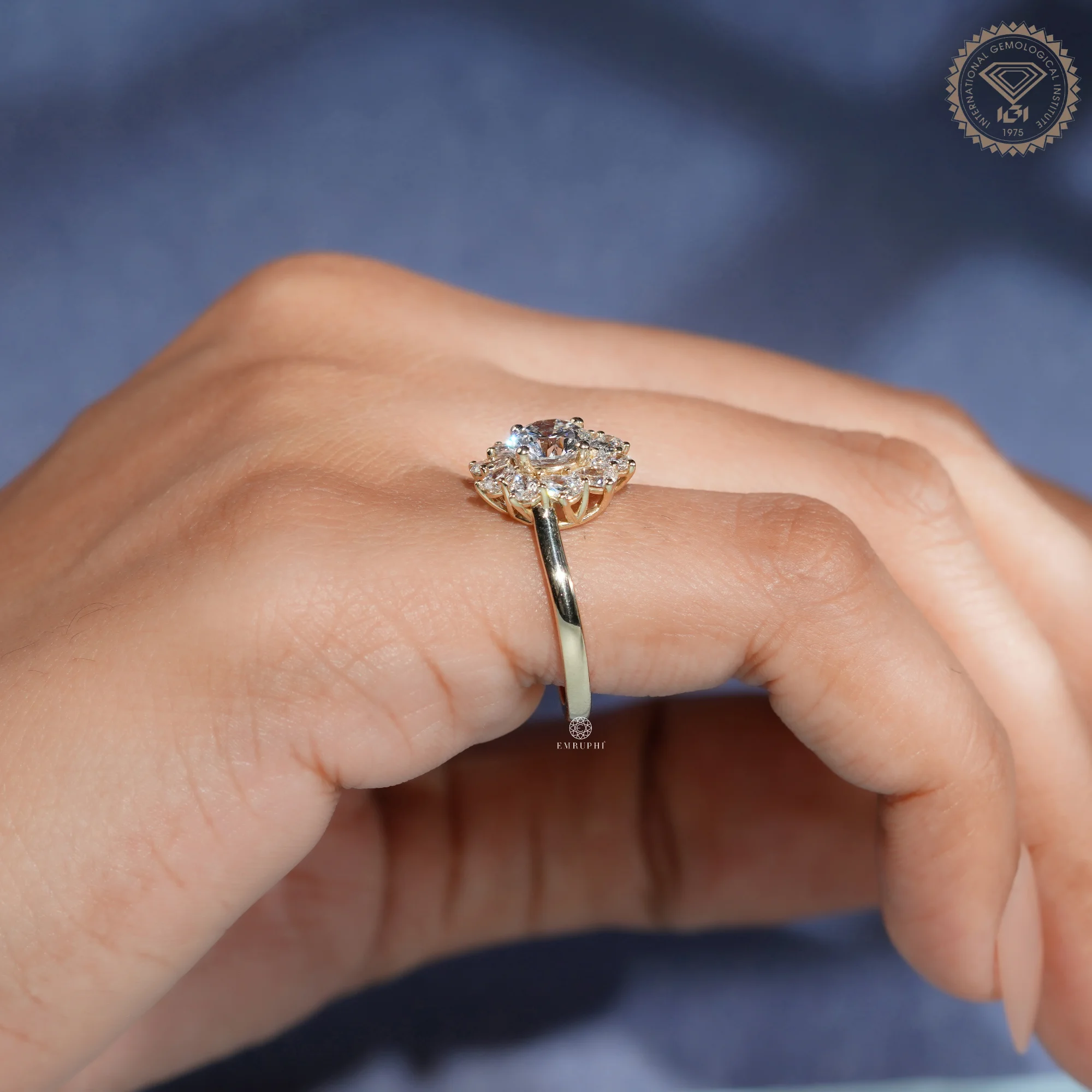 Round Cut Lab Grown Diamond Floral Halo Ring, Pear Diamond Sunburst Engagement Ring — view 10