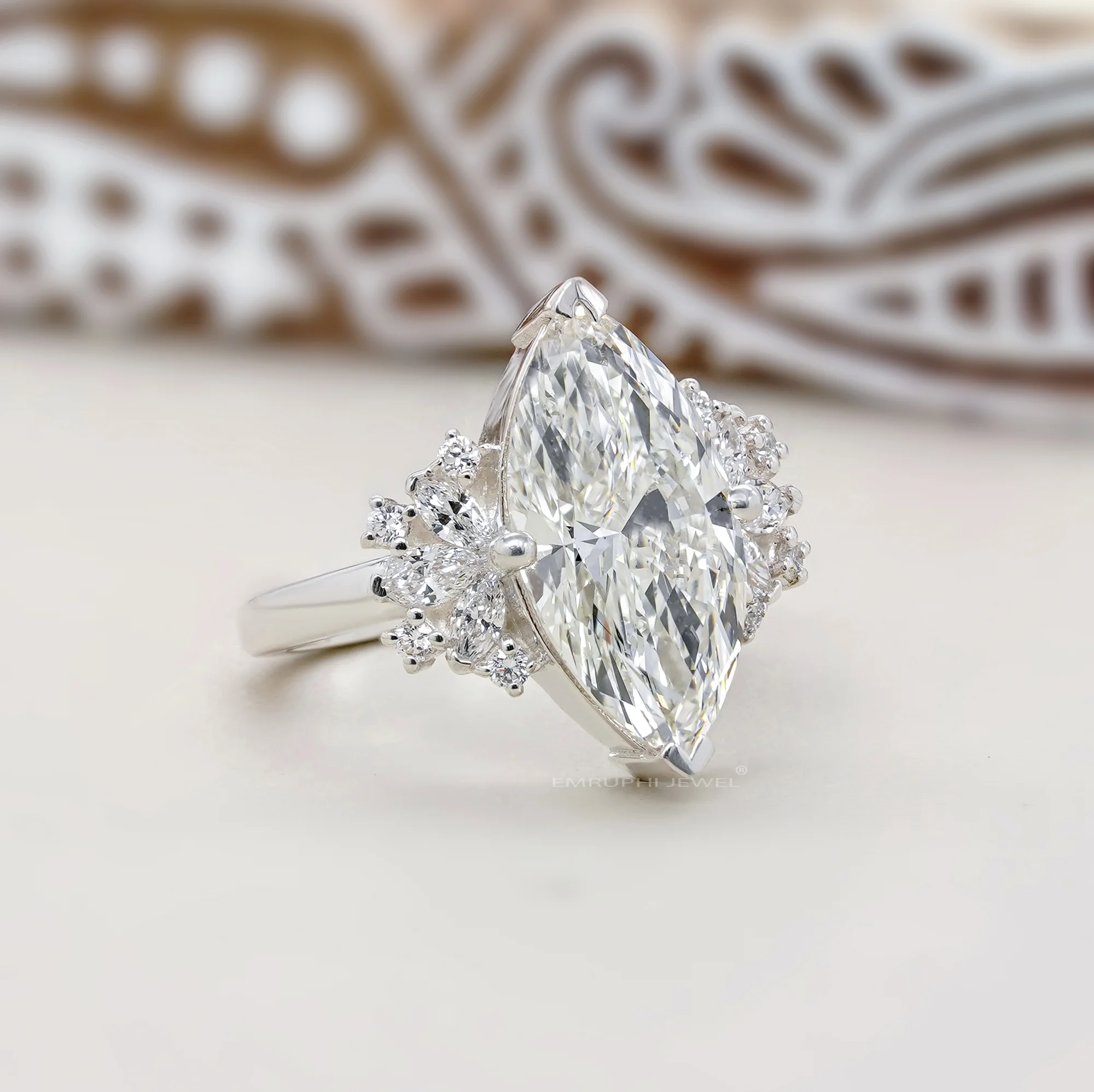 3.50 Carat Marquise Lab Grown Diamond Ring, Gold Cluster Engagement Ring — view 3