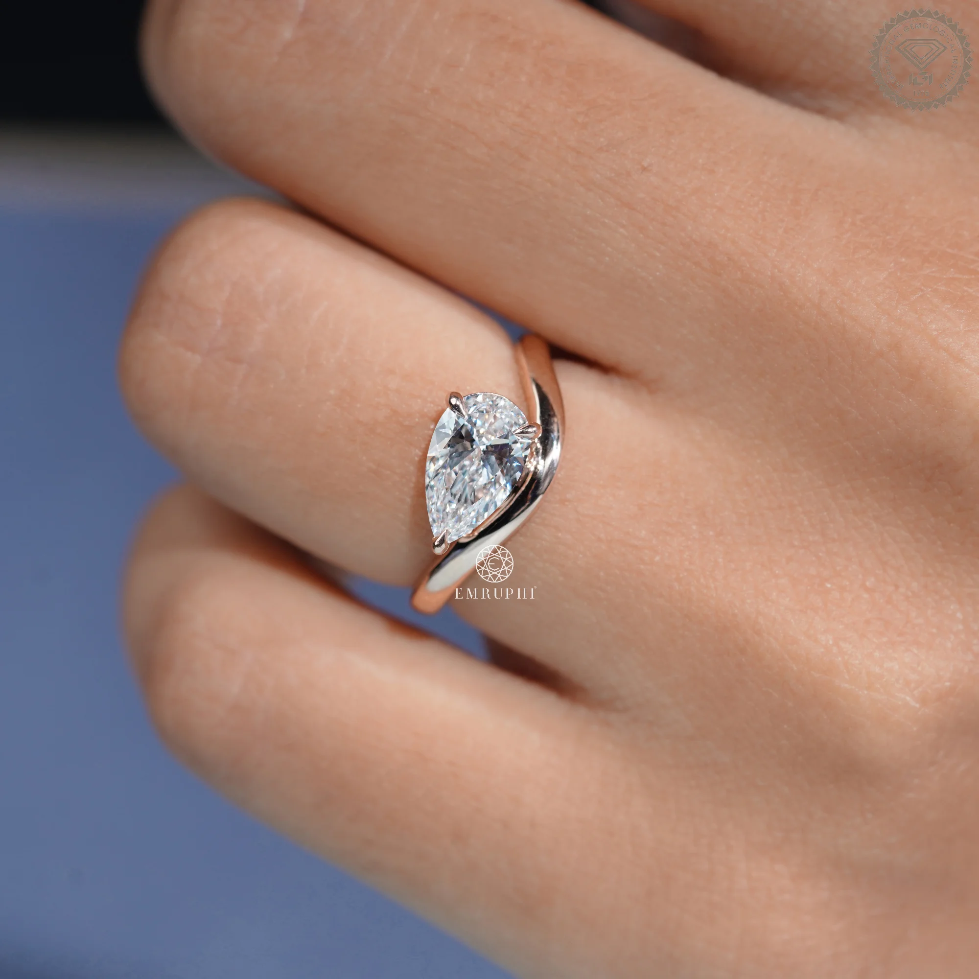 1 CT Pear Cut Lab Grown Diamond Engagement Ring, Curved Solitaire Ring — view 10