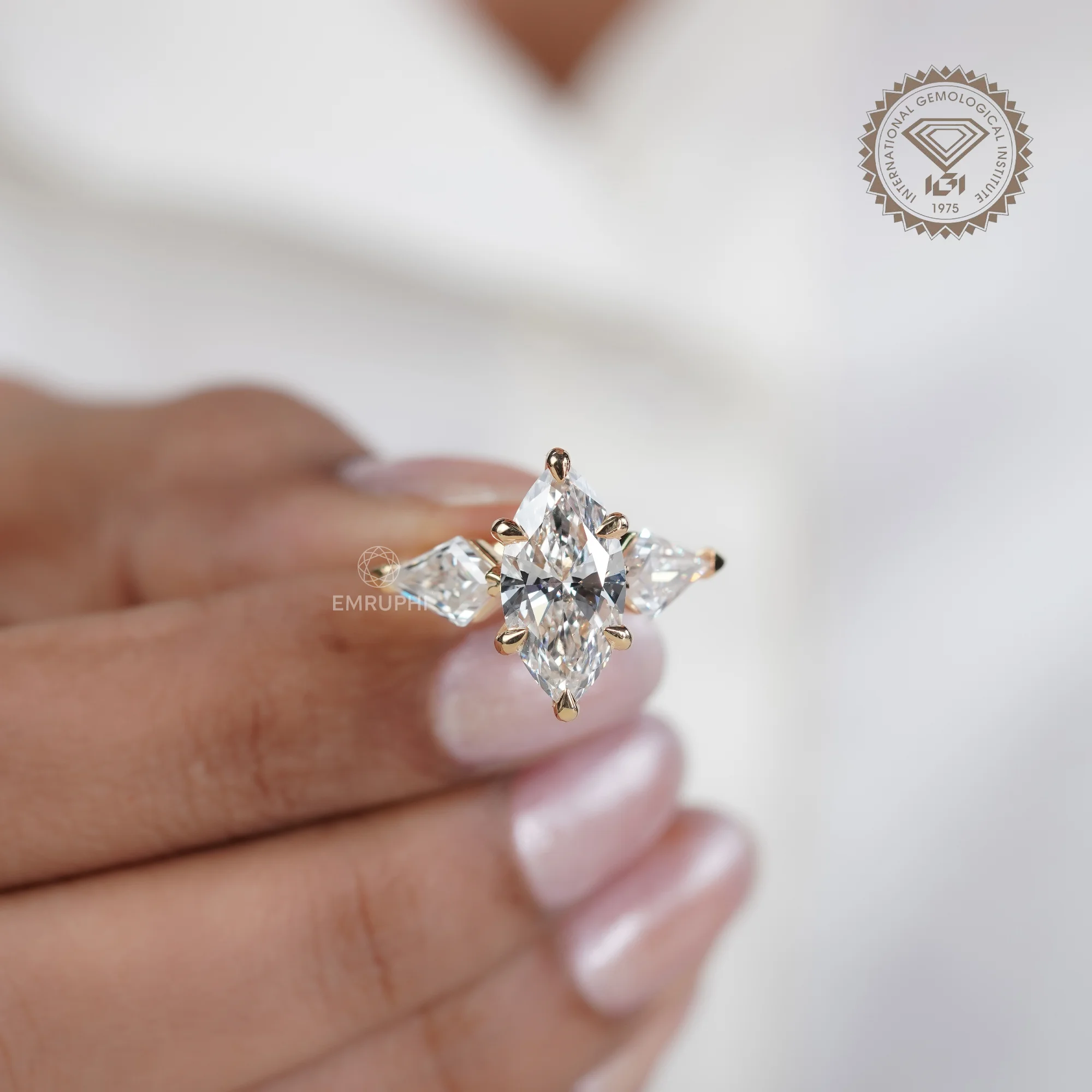 3 CT Marquise Lab Diamond Ring, Kite Side Stones, 14K Gold Wedding Ring — view 5