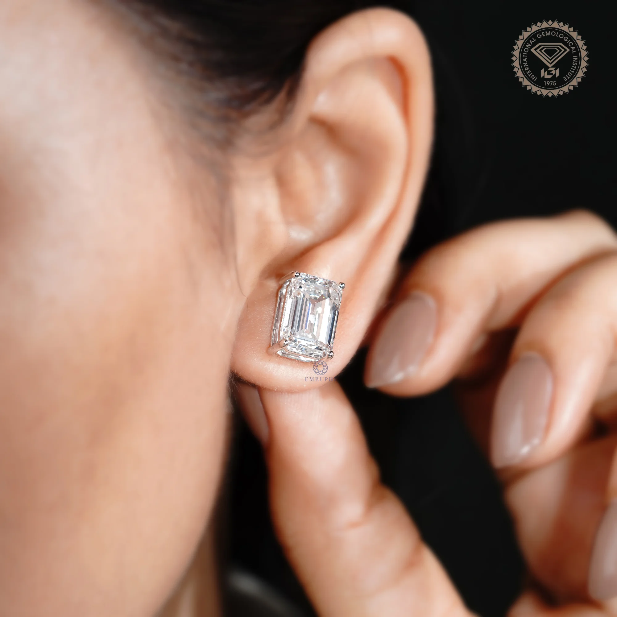 10.00 Tcw Emerald Solitaire Earrings, 14k Gold Prong Setting Emerald Cut Lab Grown Diamond Studs, — view 12