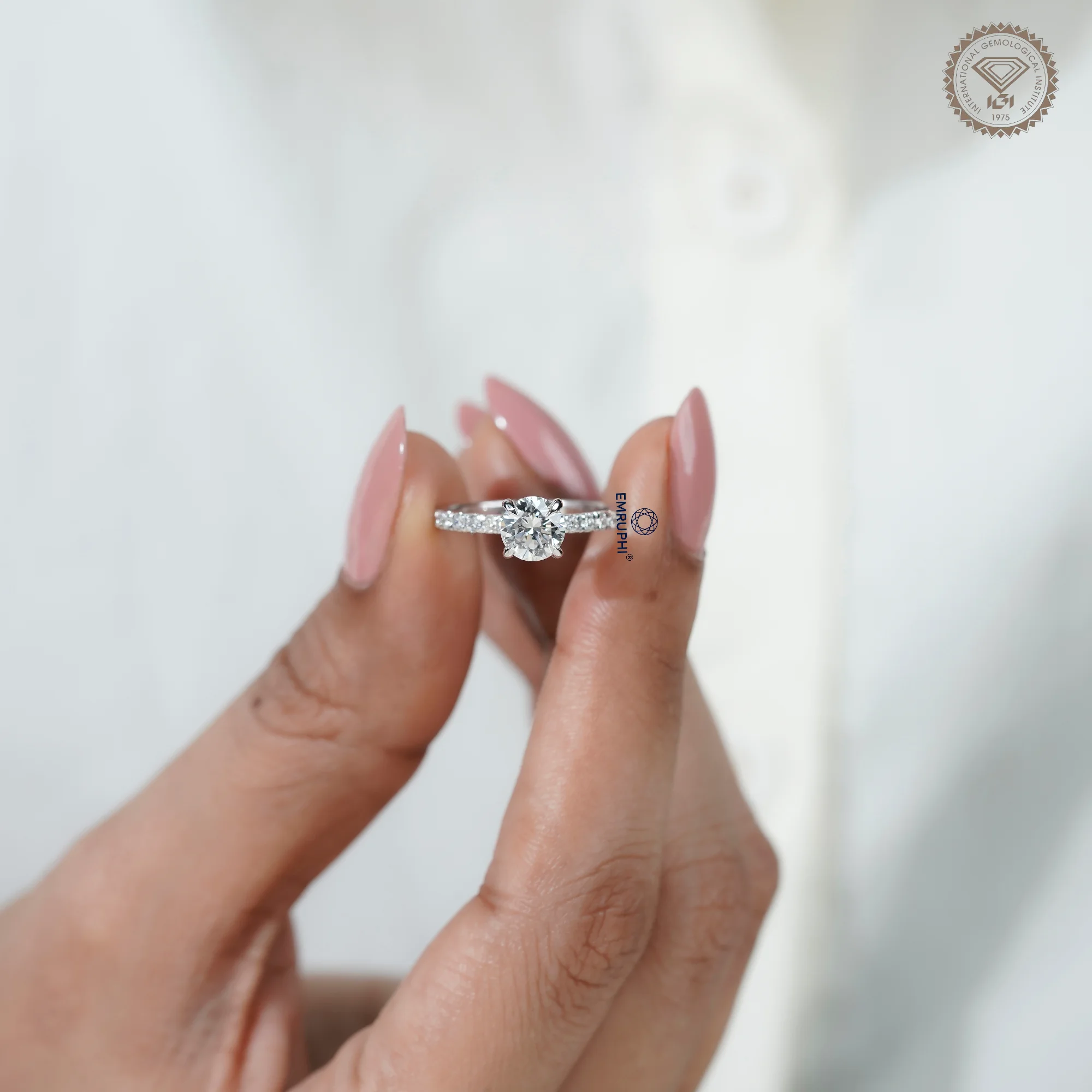 1 Carat Round Cut Lab Grown Diamond Engagement Ring, Pavé Side Stones — view 5