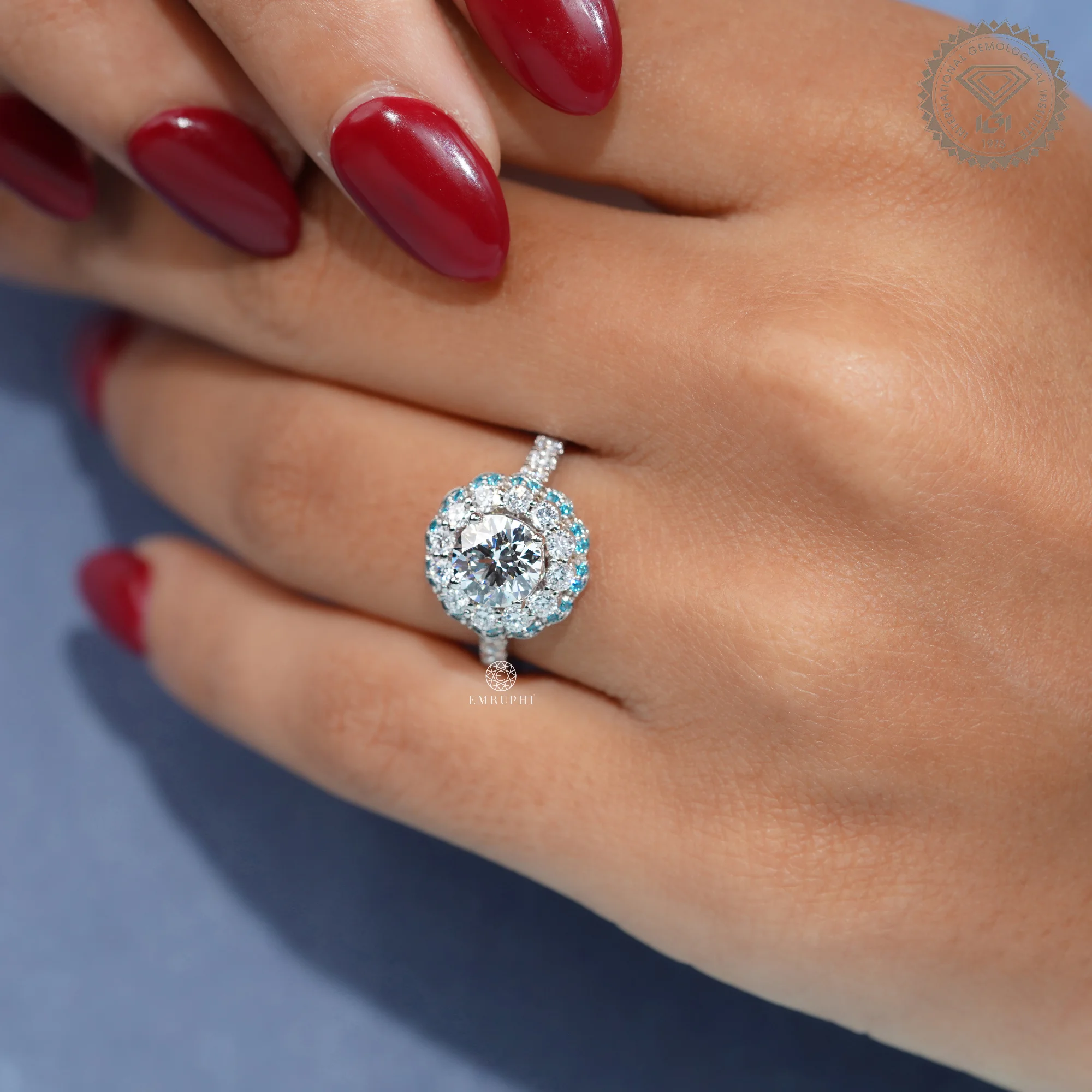1.20 CT Round Diamond Halo Ring, Blue Diamond Floral Halo Engagement Ring, IGI Certified Diamond — view 10