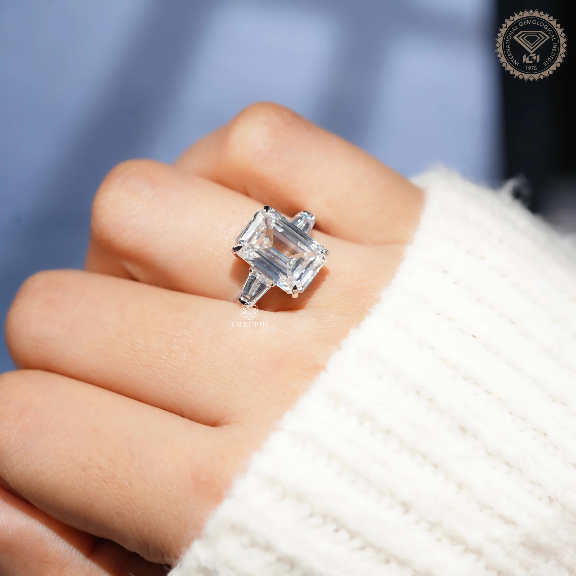 5.5 CT Emerald Cut Lab Diamond Ring with Tapered Baguette Side Stones, IGI Certified Diamond — view 7