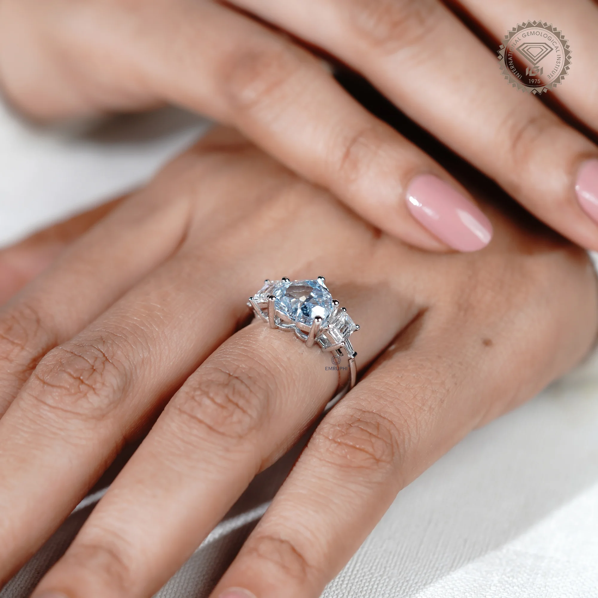 Heart Cut Vivid Blue Lab Diamond Ring, 14k Gold Emerald Accented Engagement Ring — view 13