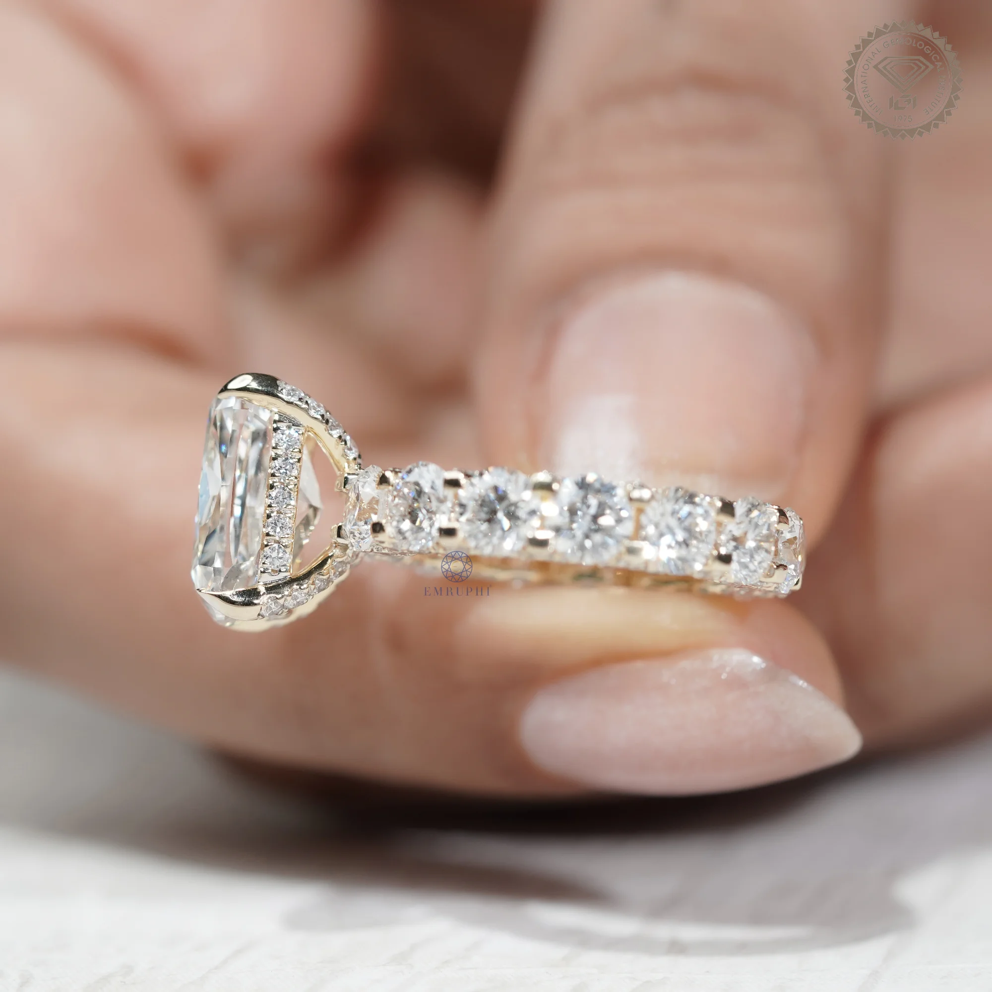 5 CT Cushion Cut Lab Grown Diamond Engagement Ring, Round Diamond Band Ring, 14K Gold Bridal Ring — view 14