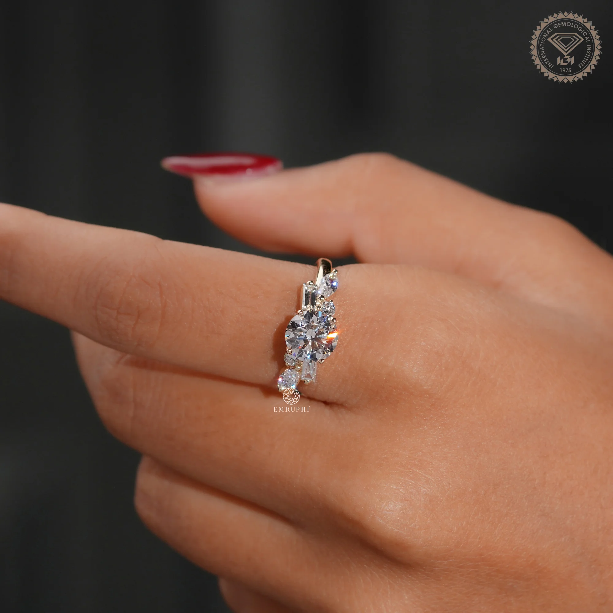 Round Cut Lab Grown Diamond Ring, Multi Shape Cluster Engagement Ring, Pear Baguette Accents — view 6