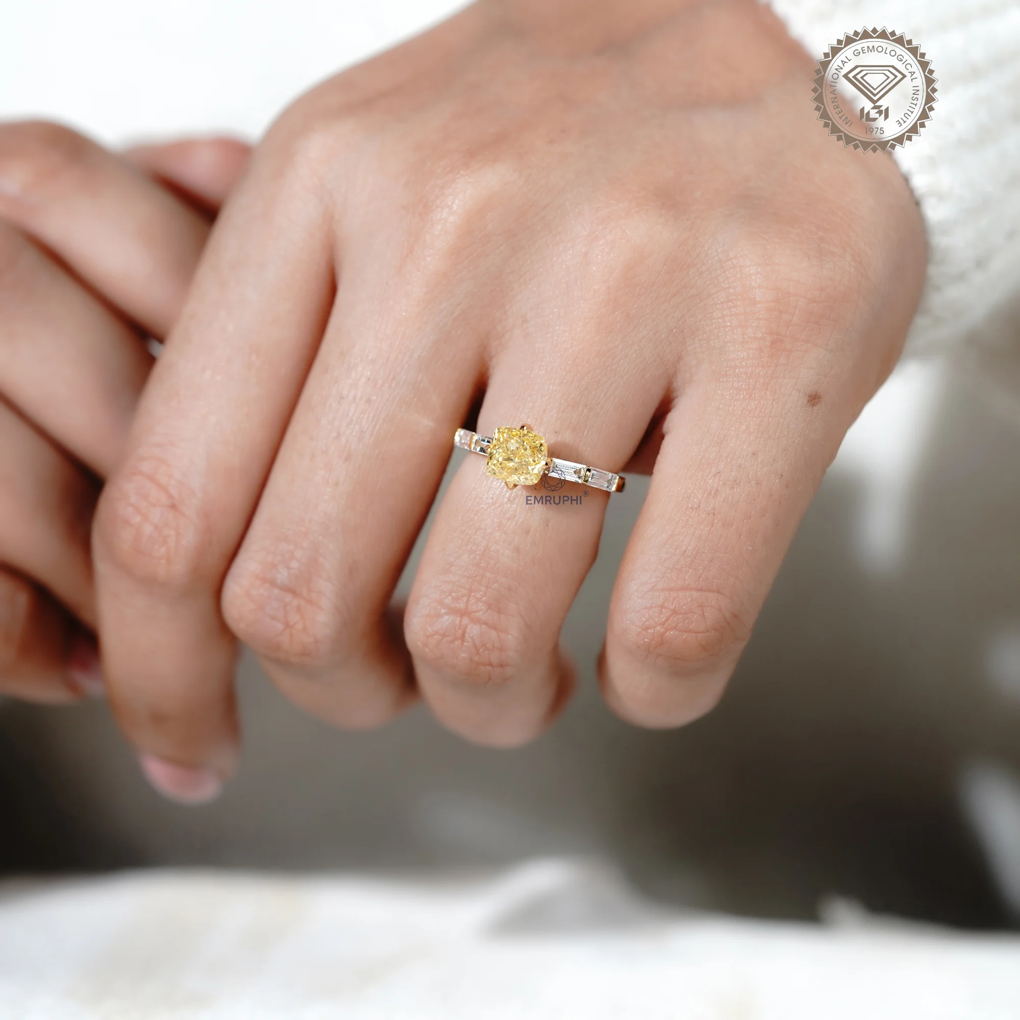 1.5 CT Vivid Yellow Cushion Cut Lab Diamond Ring, 18k Gold Baguette Side Stones — view 9
