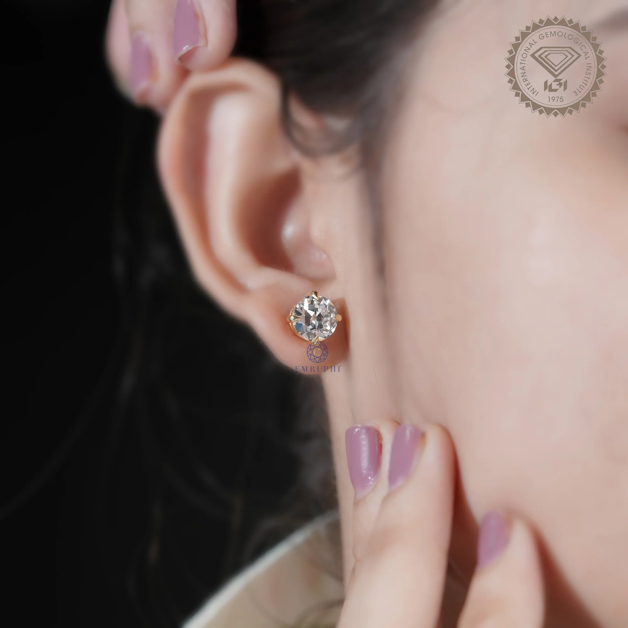 Round Old Mine Stud Earrings in 14k Yellow Gold, Solitaire Stud For Women — view 9