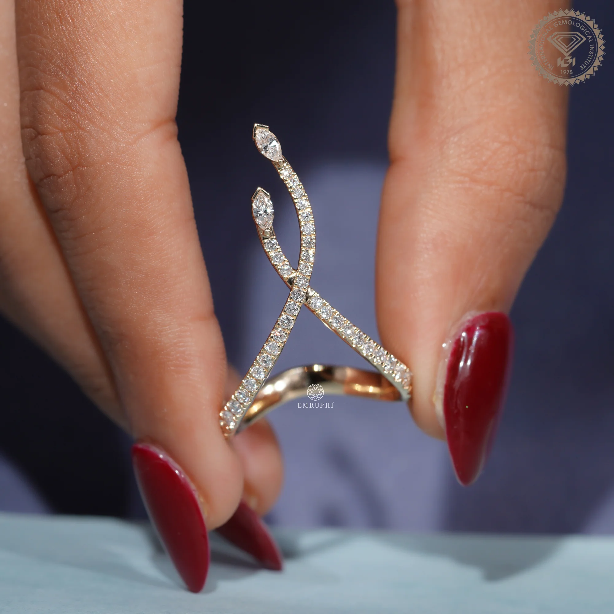 Criss Cross Diamond Ring, Marquise Pave Open Ring, Wrap Around Gold Diamond Ring — view 9